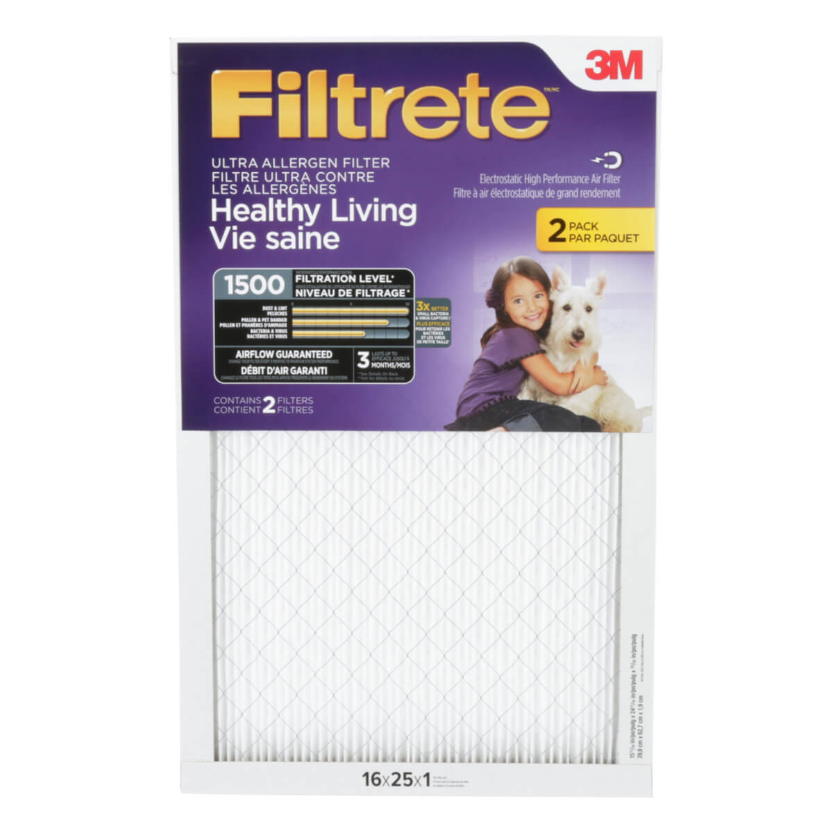 Filtrete™ Ultra Allergen Reduction Filter Purple MPR1500 - 2 Pack - 16-in x 25-in x 1-in
