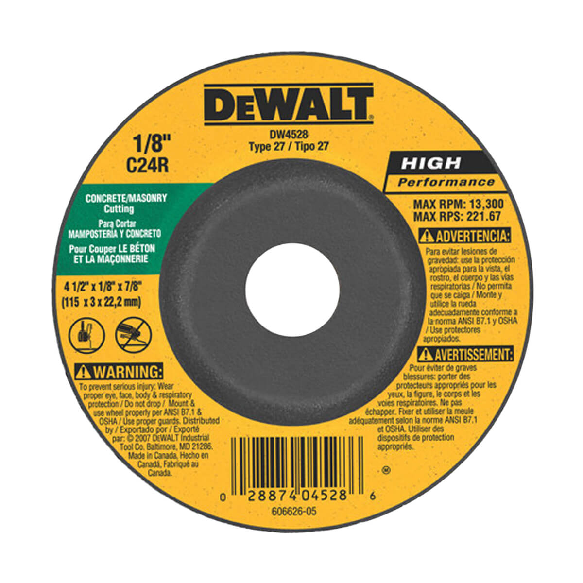 DEWALT Concrete/Masonry Cutting Wheel - 4-1/2" x 1/8" x 7/8"