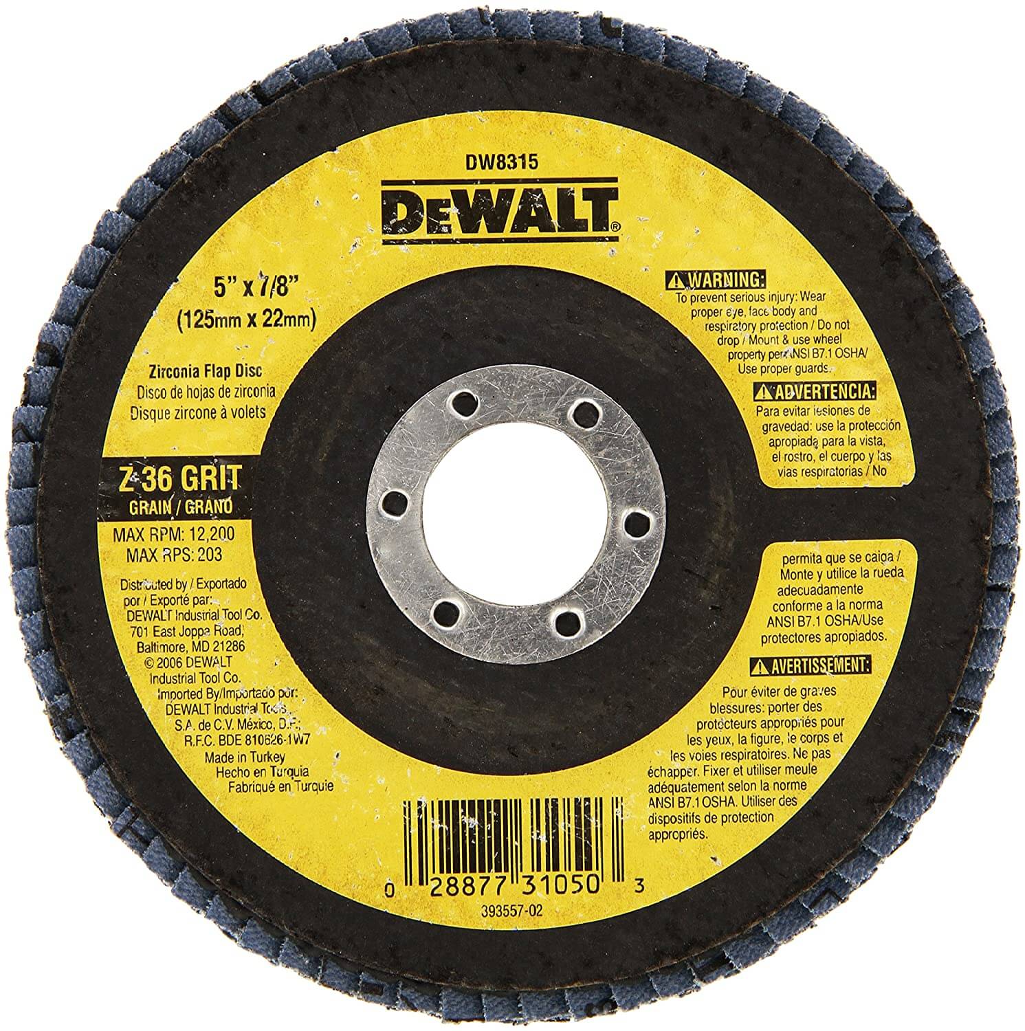 DEWALT® 5" X 7/8" Zirconia T29 Flap Disc