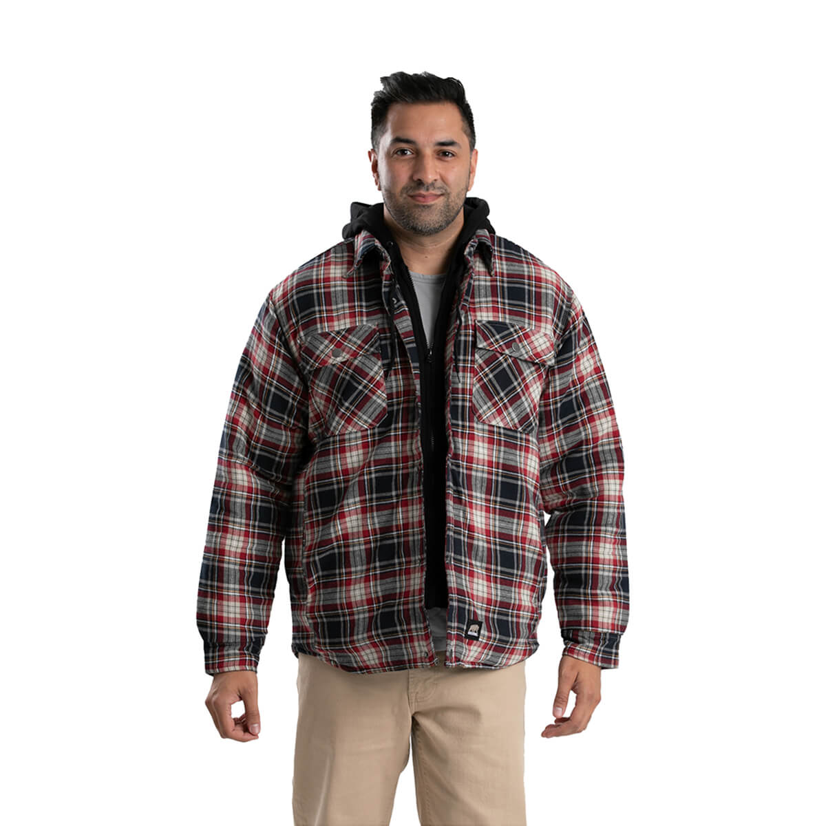 Berne Heartland Quilt Lined Flannel Hooded Jacket - Red/Khaki