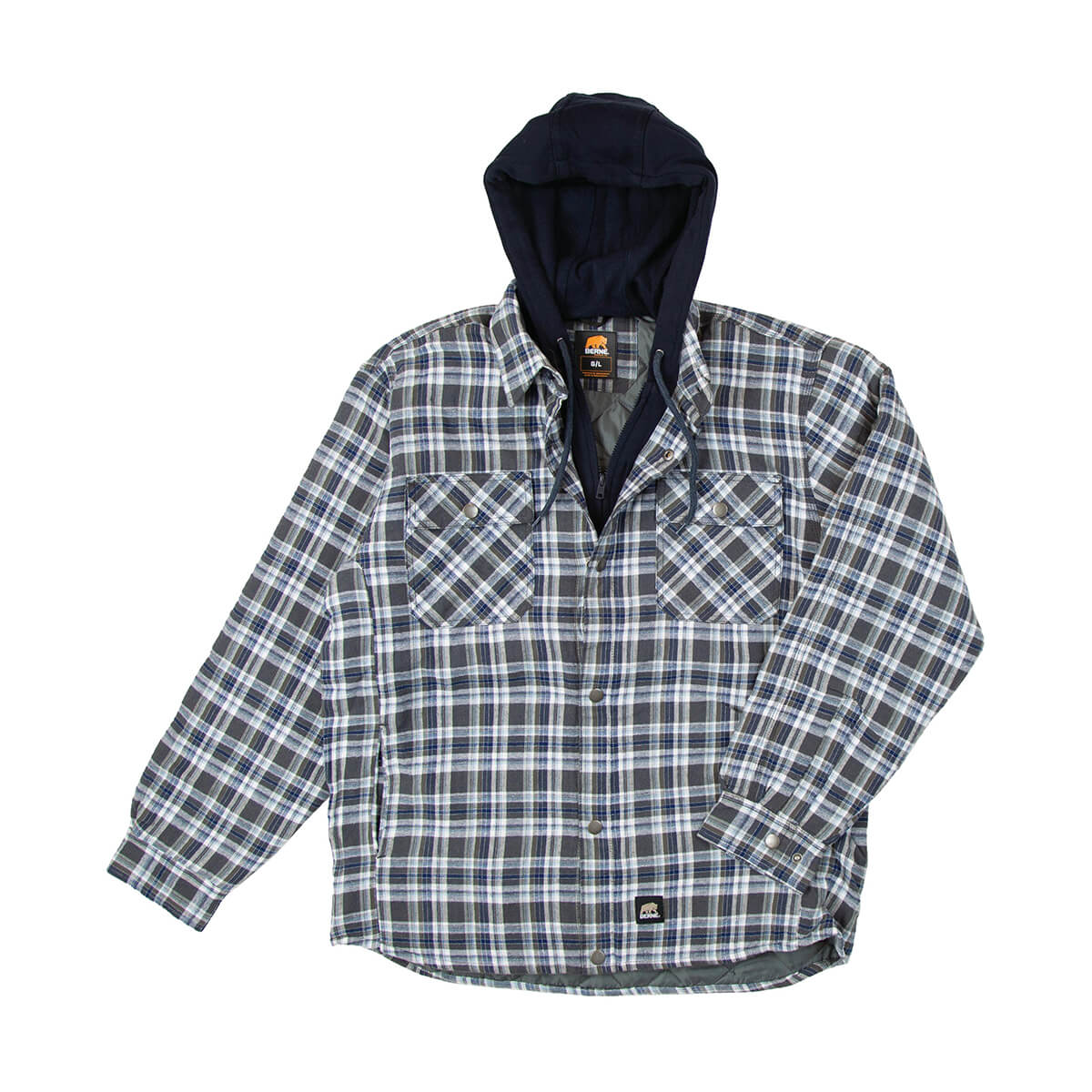 Berne Men's Plaid Quilt-Lined Hooded Flannel Jacket - Grey/Navy