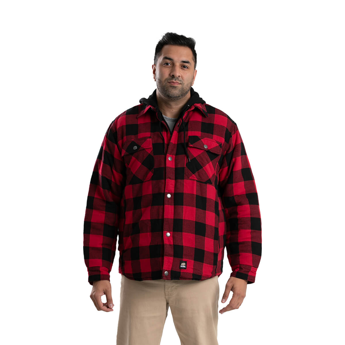 Men's Plaid Quilt-Lined Hooded Flannel Jacket - Black/Red