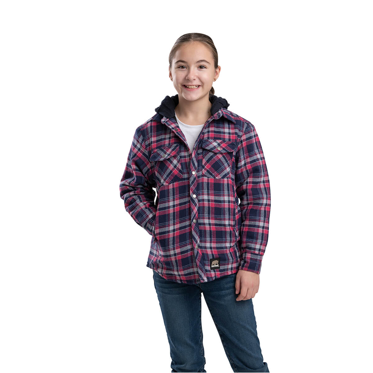 Youth Plaid Quilt-Lined Hooded Flannel Jacket - Blue/Pink