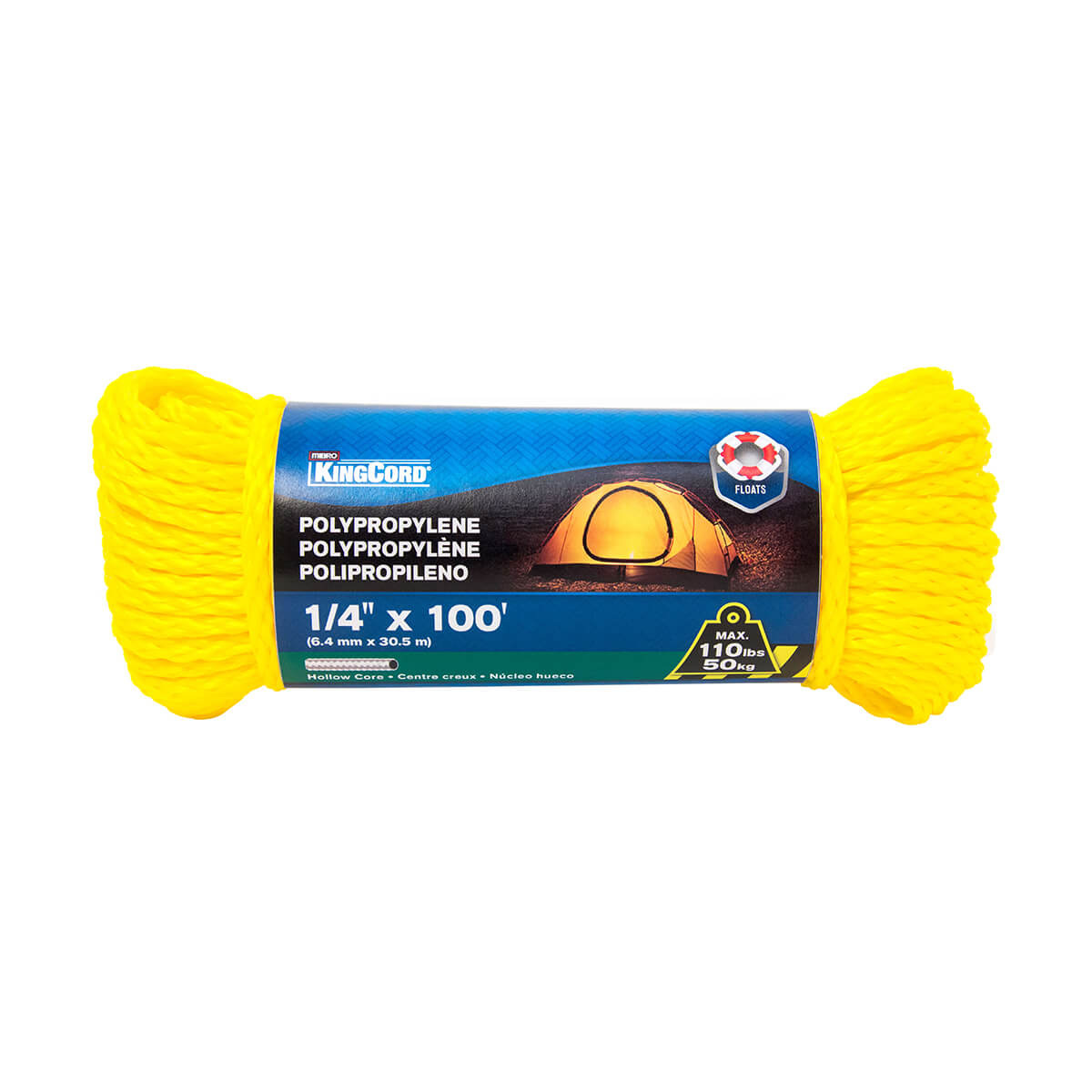 Polypropylene Hollow Core Rope - Yellow - 1/4-in x 100-ft