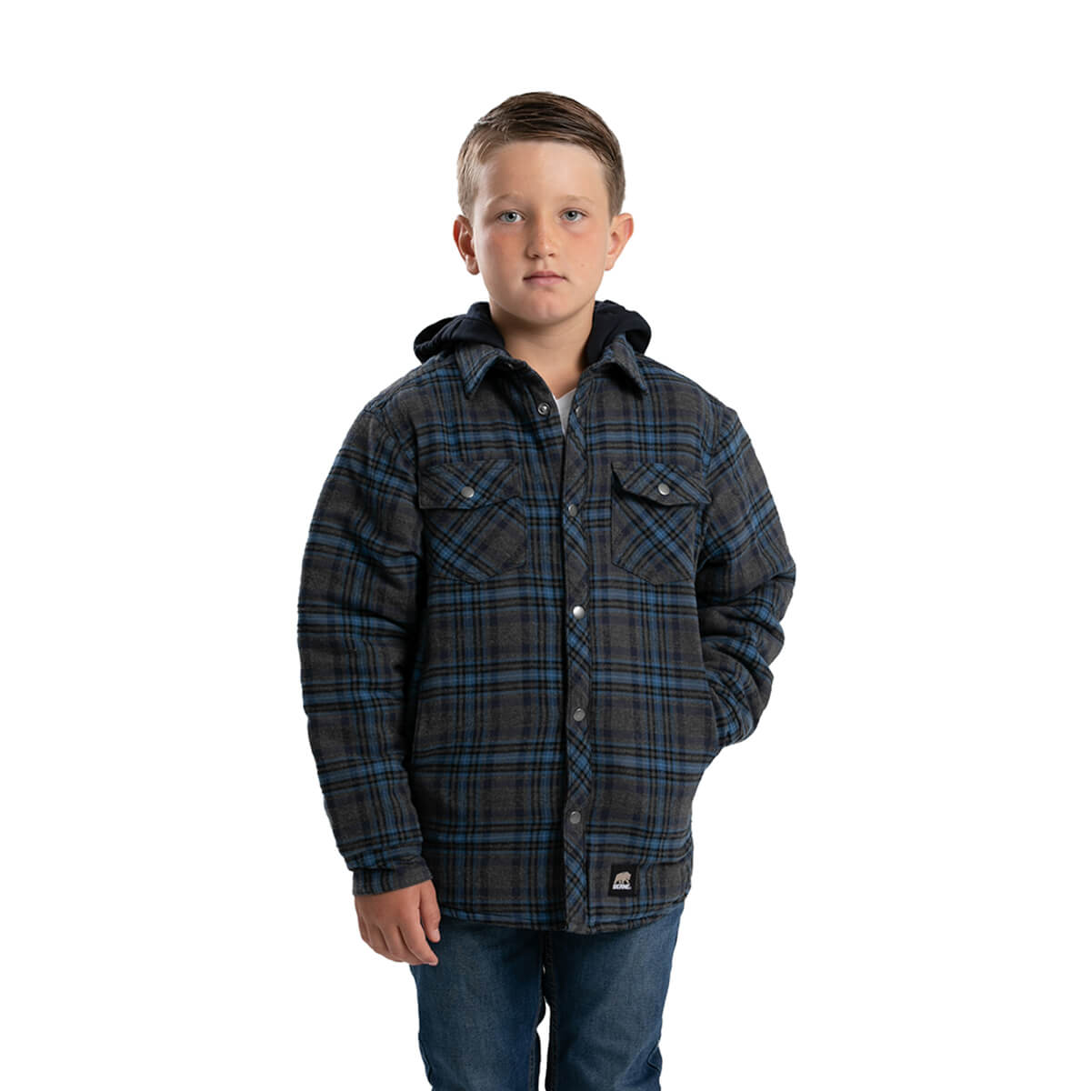 Berne Youth Heartland Quilt Lined Flannel Hooded Jacket - Gray/Plaid