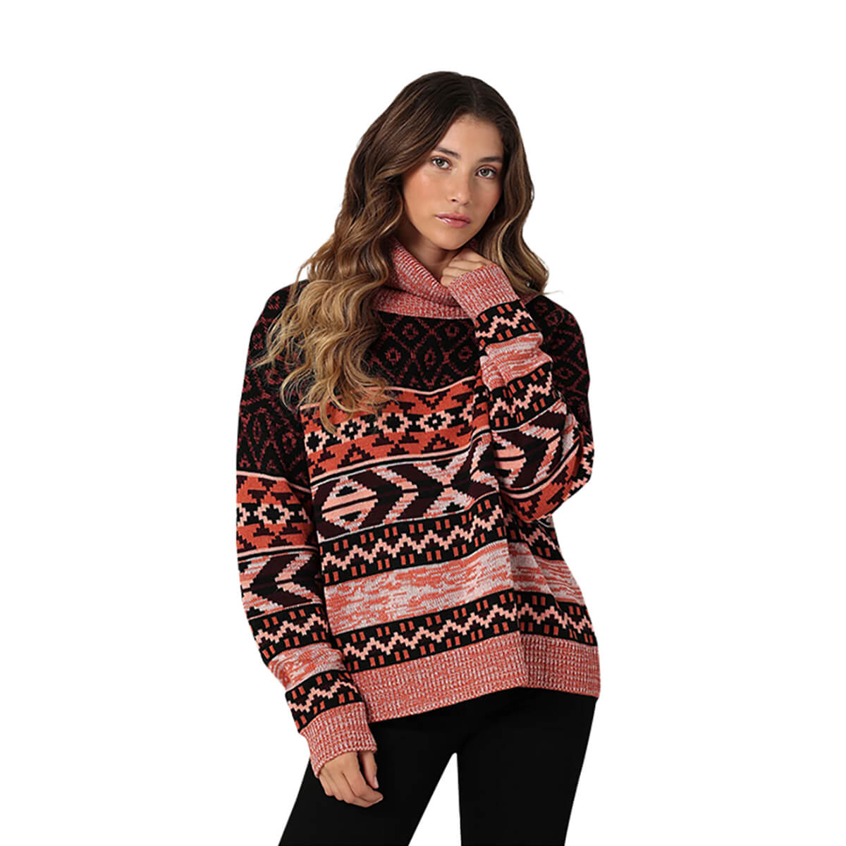 Wrangler Women's Geometric Turtleneck Sweater - Burgundy