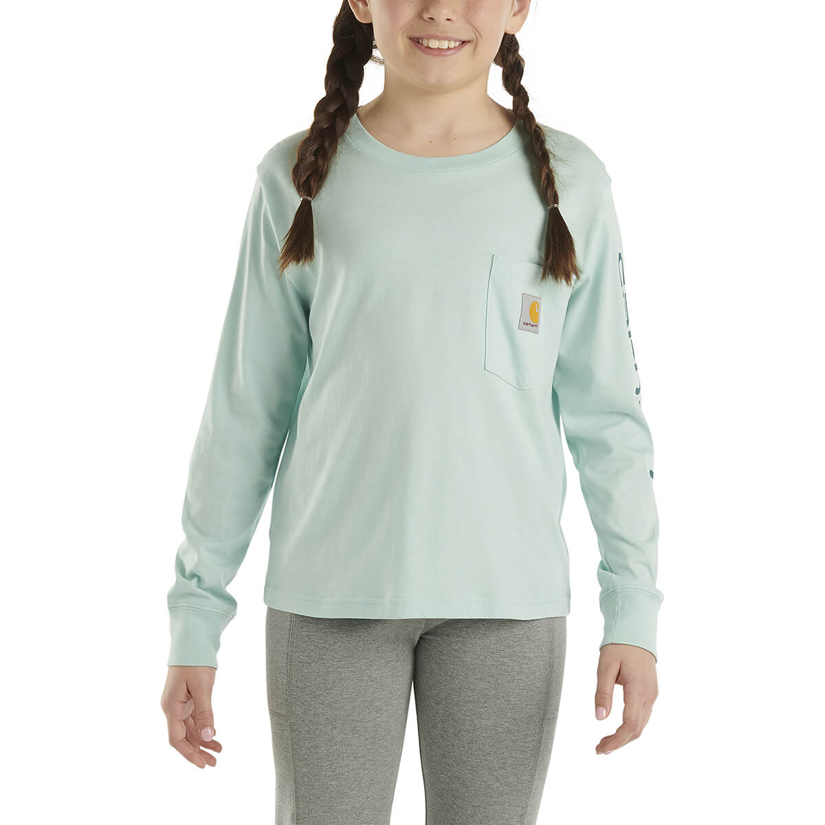 Long Sleeve Graphic Pocket T-Shirt - Pastel Turquoise