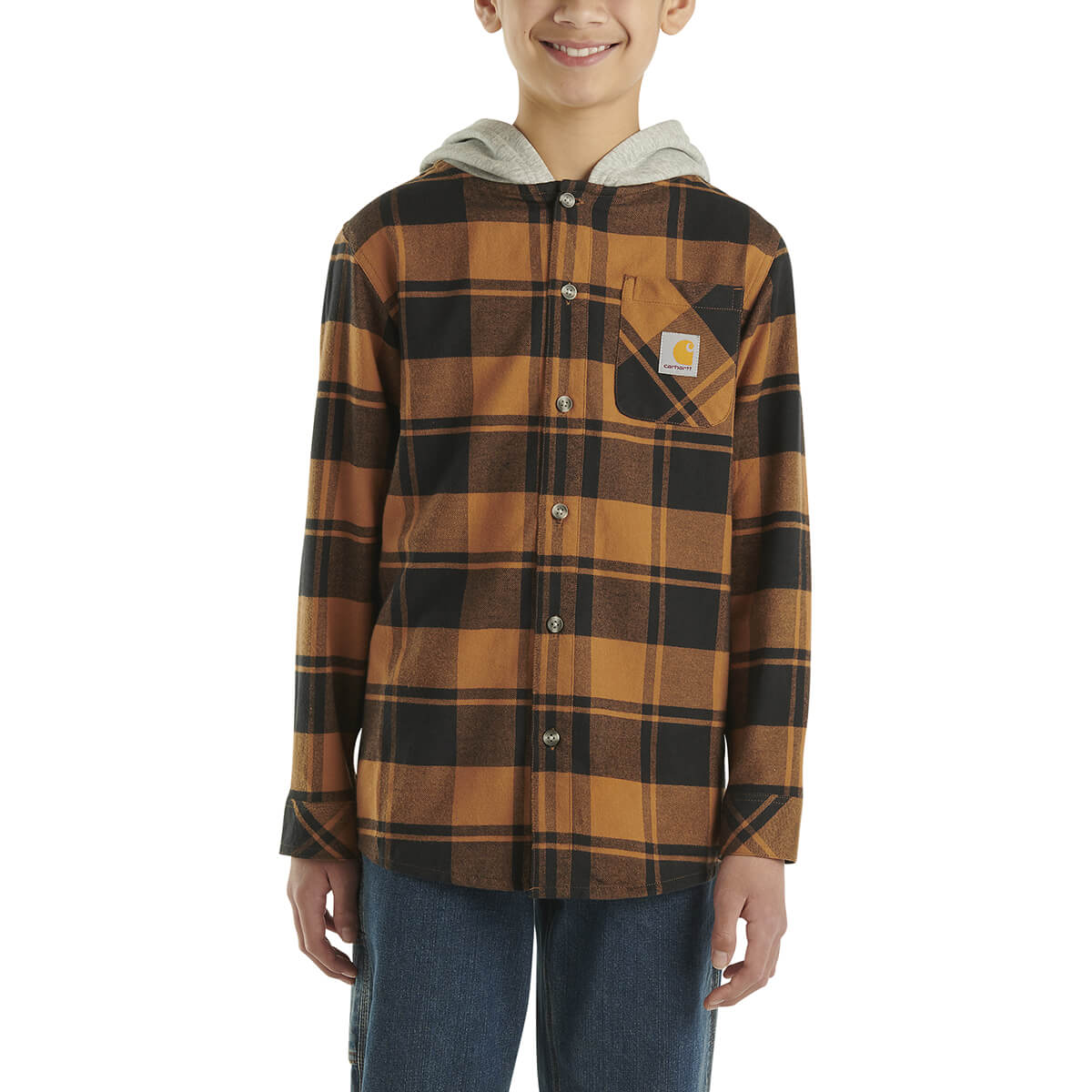 Carhartt Kid's Long Sleeve Flannel Button-Front Hooded Shirt - Carhartt Brown Carhartt Kid's Long Sleeve Flannel Button-Front Hooded Shirt - Carhartt Brown