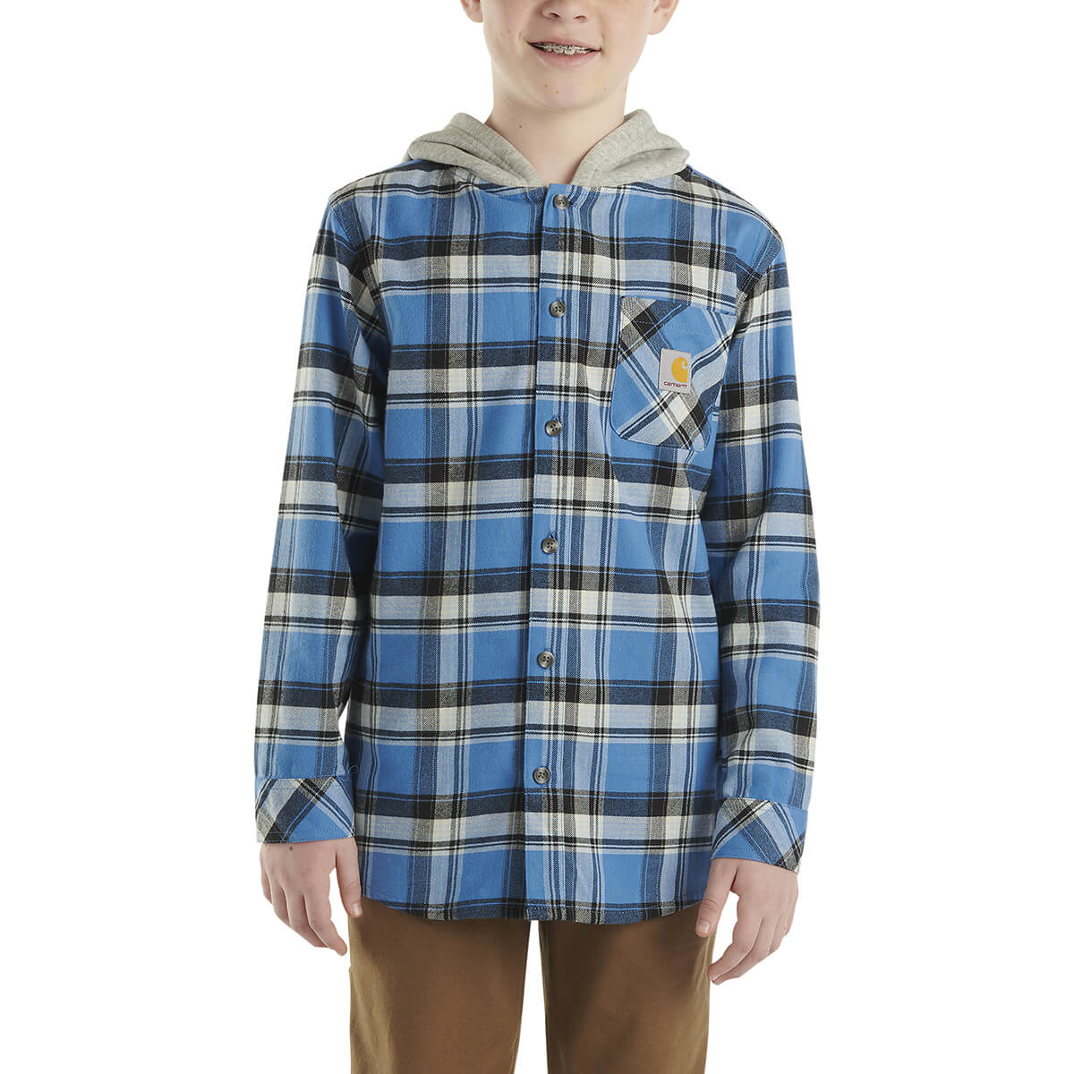 Carhartt Kid's Long Sleeve Flannel Button-Front Hooded Shirt - Electric Blue Lemonade Carhartt Kid's Long Sleeve Flannel Button-Front Hooded Shirt - Electric Blue Lemonade