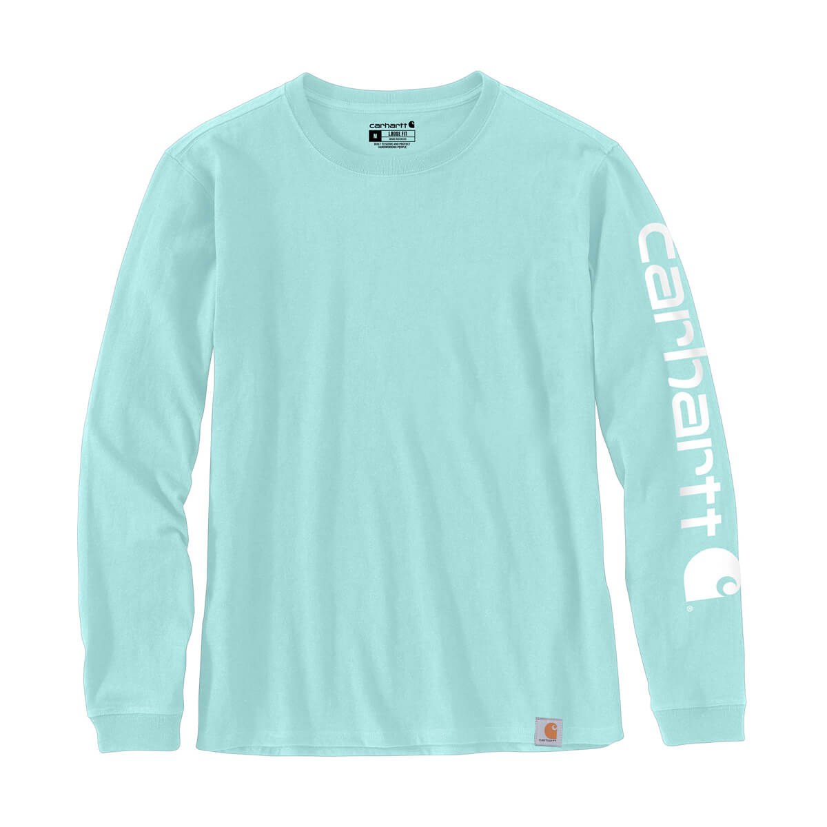 Carhartt Women's Loose Fit Heavyweight Long-Sleeve Logo Sleeve Graphic T-Shirt - Pastel Turquoise