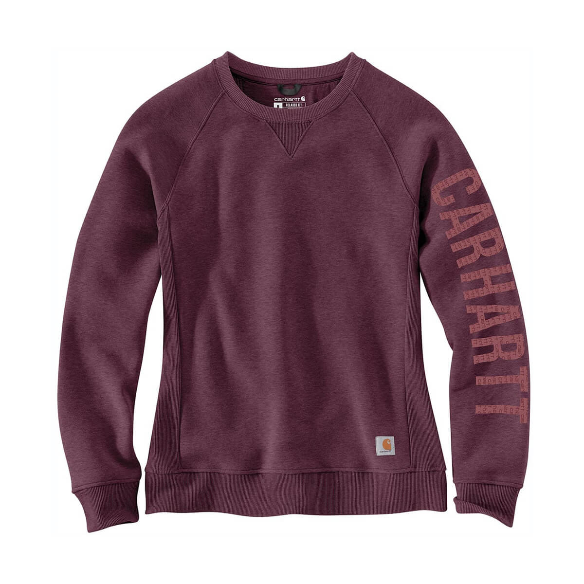 Carhartt Women's Relaxed Fit Midweight Crewneck Block Logo Sleeve Graphic Sweatshirt - Blackberry