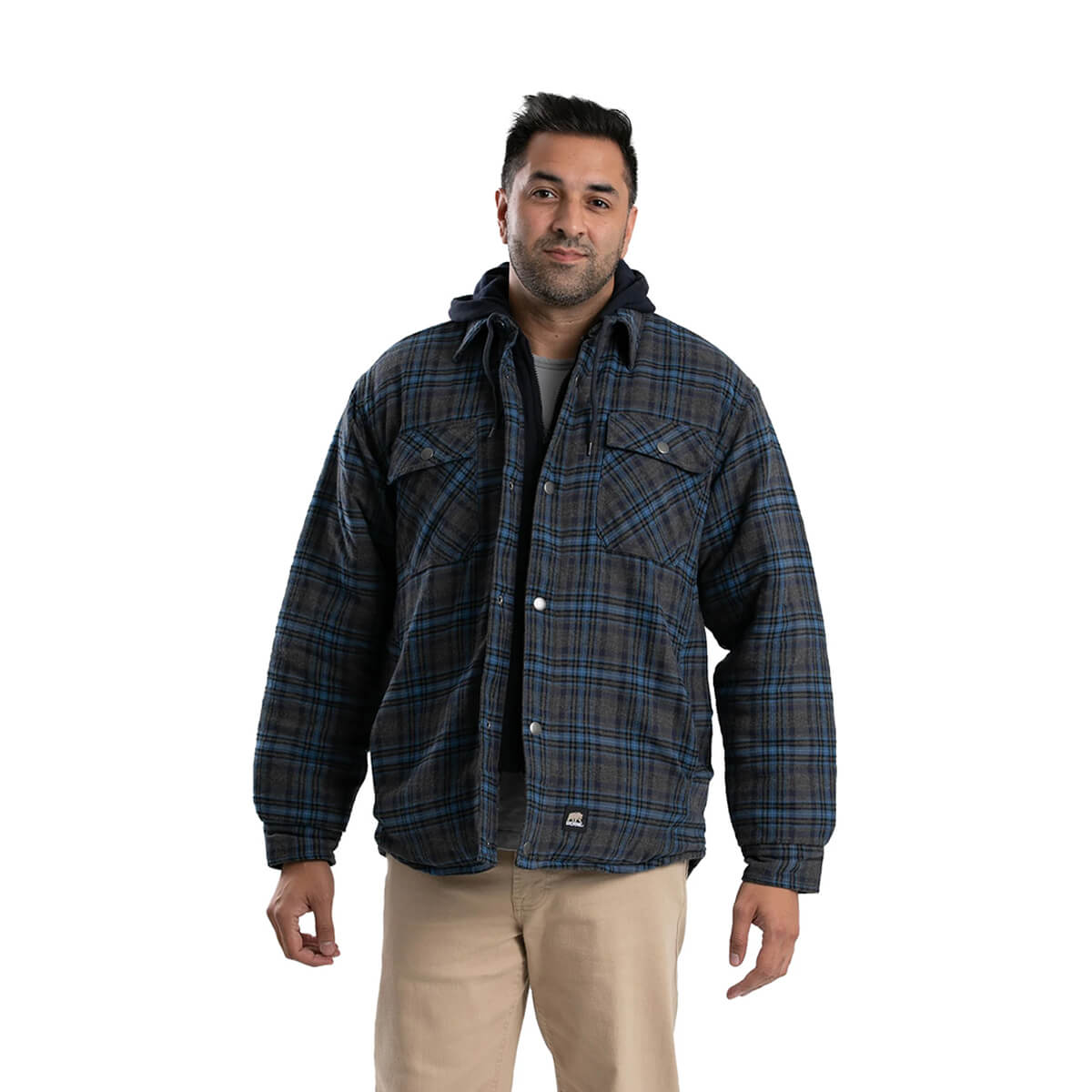 Berne Men's Quilt-Lined Hooded Shirt Jacket - Plaid Blue/Grey