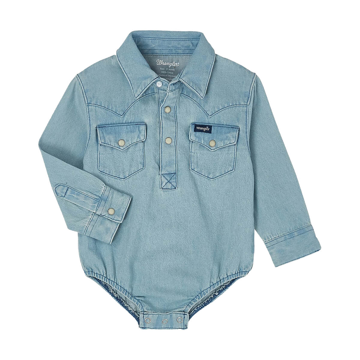 Wrangler Baby Boy Long Sleeve Denim Bodysuit with Western Snap Placket - Faded Blue