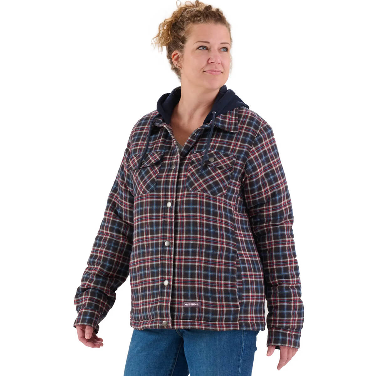 Berne Women's Heartland Hooded Shirt Jacket - Plaid Marsala Creme