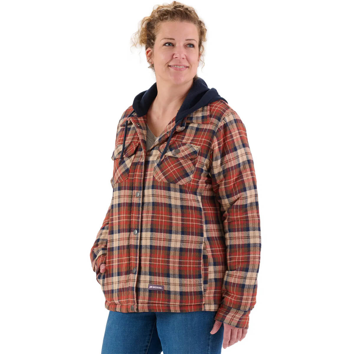 Berne Women's Heartland Hooded Shirt Jacket - Plaid Orange Cream