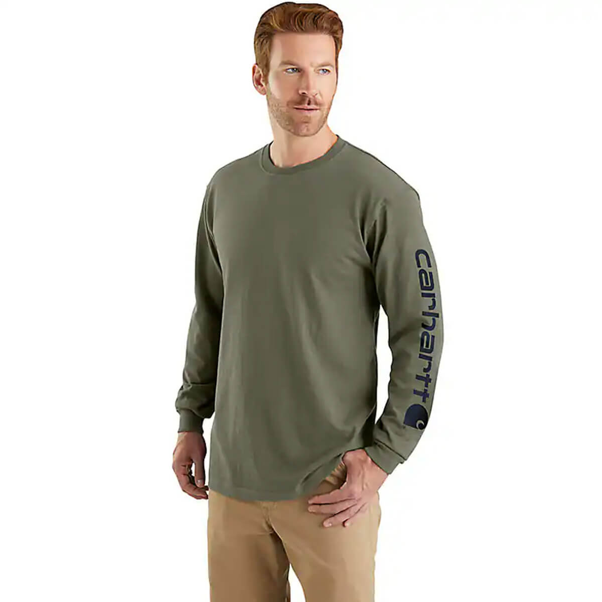 Carhartt Men's Loose Fit Heavyweight Long-Sleeve Logo Sleeve Graphic T-Shirt - Dusty Olive