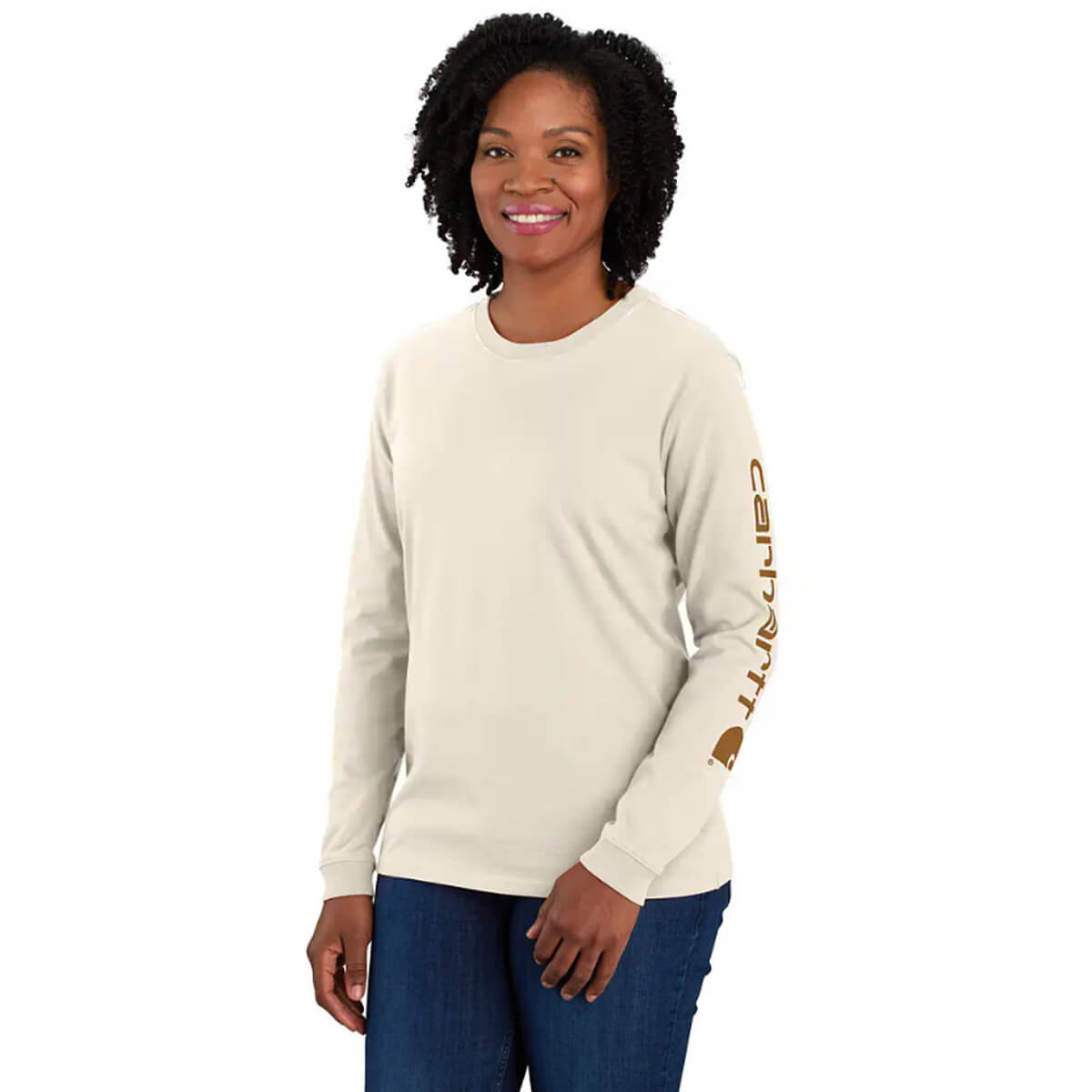 Carhartt Women's Loose Fit Heavyweight Long-Sleeve Logo Sleeve Graphic T-Shirt - Malt