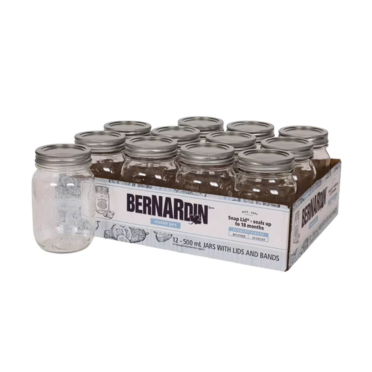 Bernardin Regular Regular Mouth Glass Mason Jars with Snap Lids - 500 ml - 12 pack