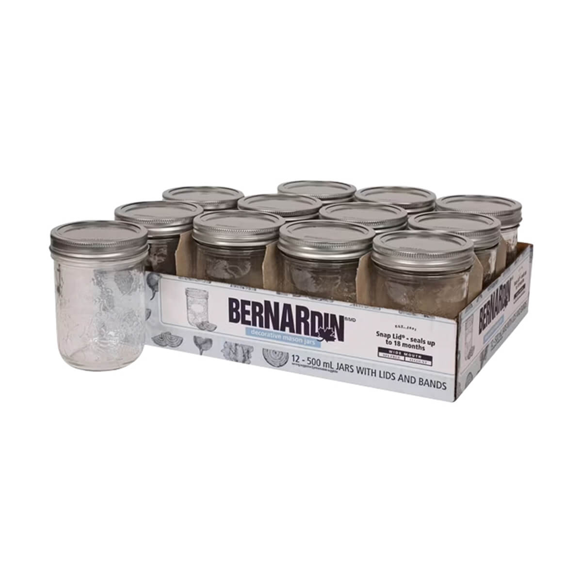 Bernardin Decorative Wide Mouth Glass Mason Jars with Snap Lids - 500 ml - 12 pack