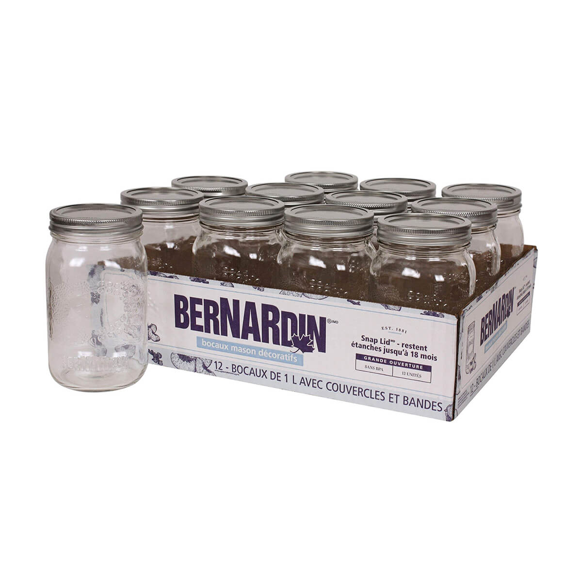 Bernardin Smooth Wide Mouth Glass Mason Jars with Snap Lids - 1 L - 12 pack