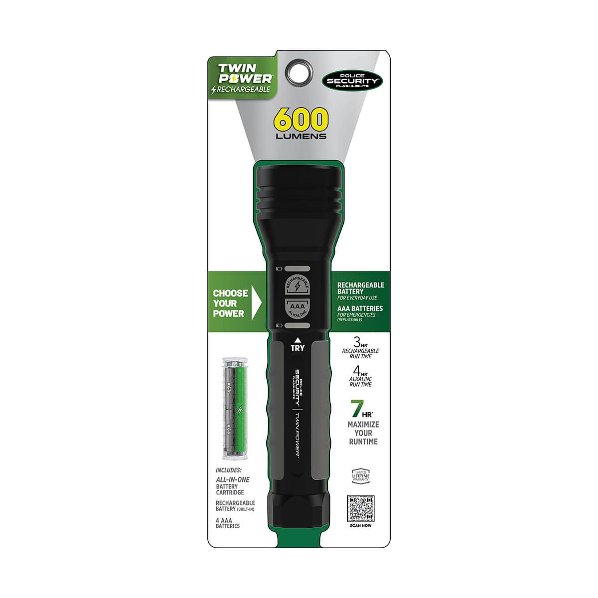 Police Security® Twin Power Rechargeable LED Flashlight - 600 Lumens