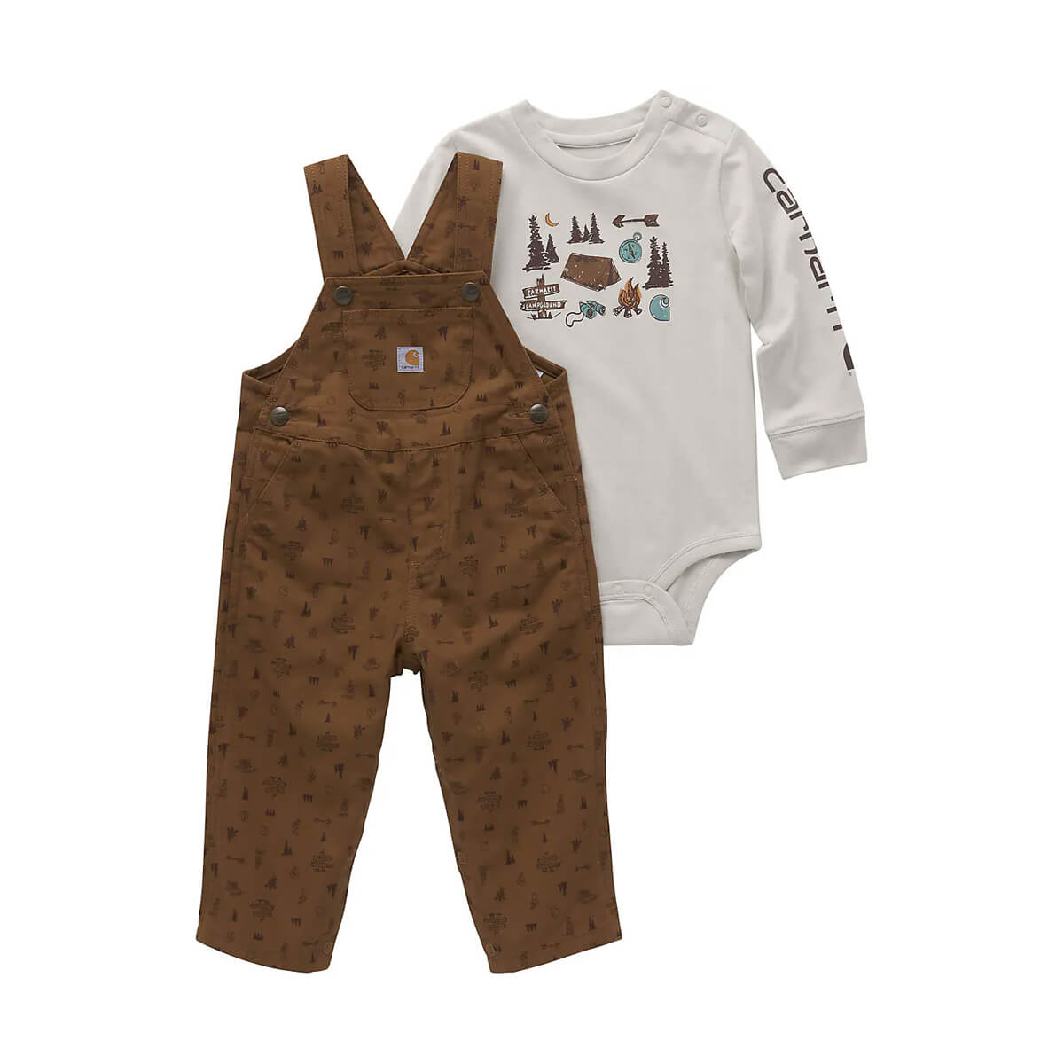 Carhartt Boys' Long-Sleeve Bodysuit & Canvas Printed Overall 2-Piece Set - Brown