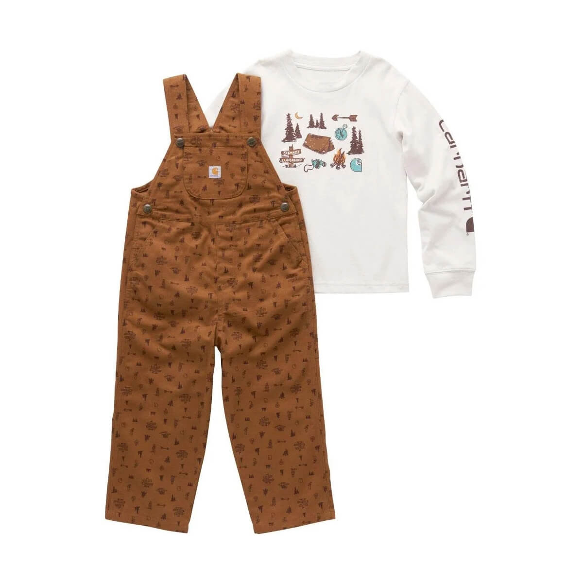 Carhartt Boys' Toddler Long-Sleeve T-Shirt and Canvas Print Overall 2-Piece Set - Brown