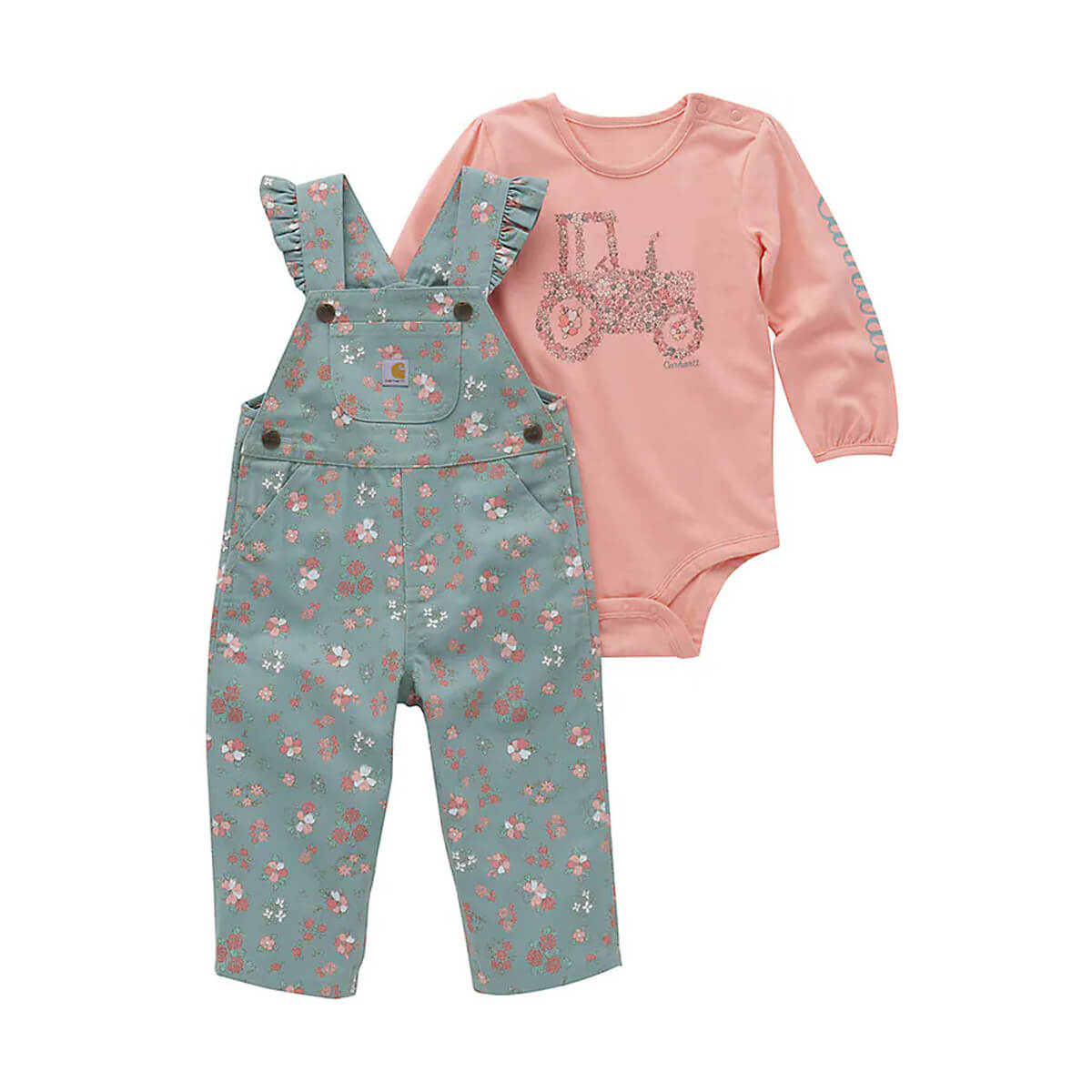 Carhartt Girls' Long-Sleeve Bodysuit Ruffle Trim Canvas Infant Overall 2 Piece Set - Patina Carhartt Girls' Long-Sleeve Bodysuit Ruffle Trim Canvas Infant Overall 2 Piece Set - Patina