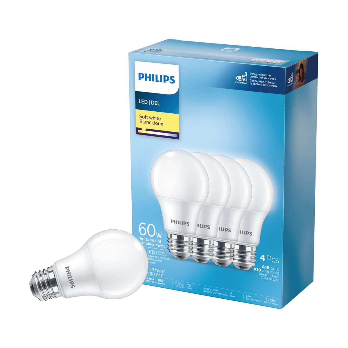 Philips LED A19 Light Bulb - 60W - Soft White - 4 Pack