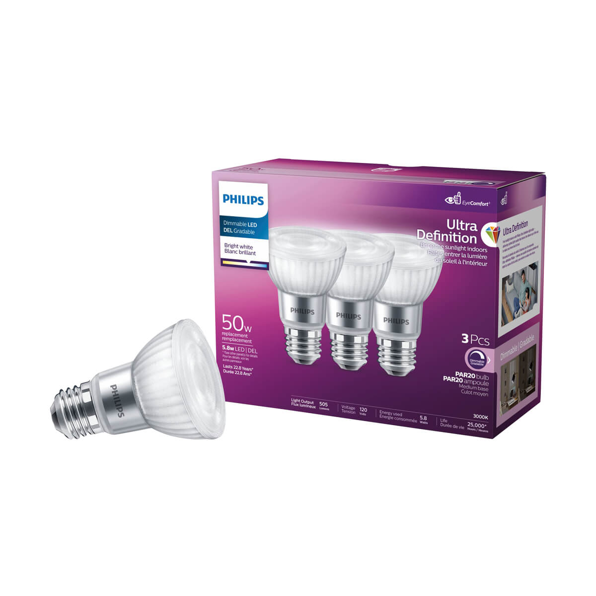 Philips LED PAR20 Light Bulb - 50W - Bright White - 3 Pack