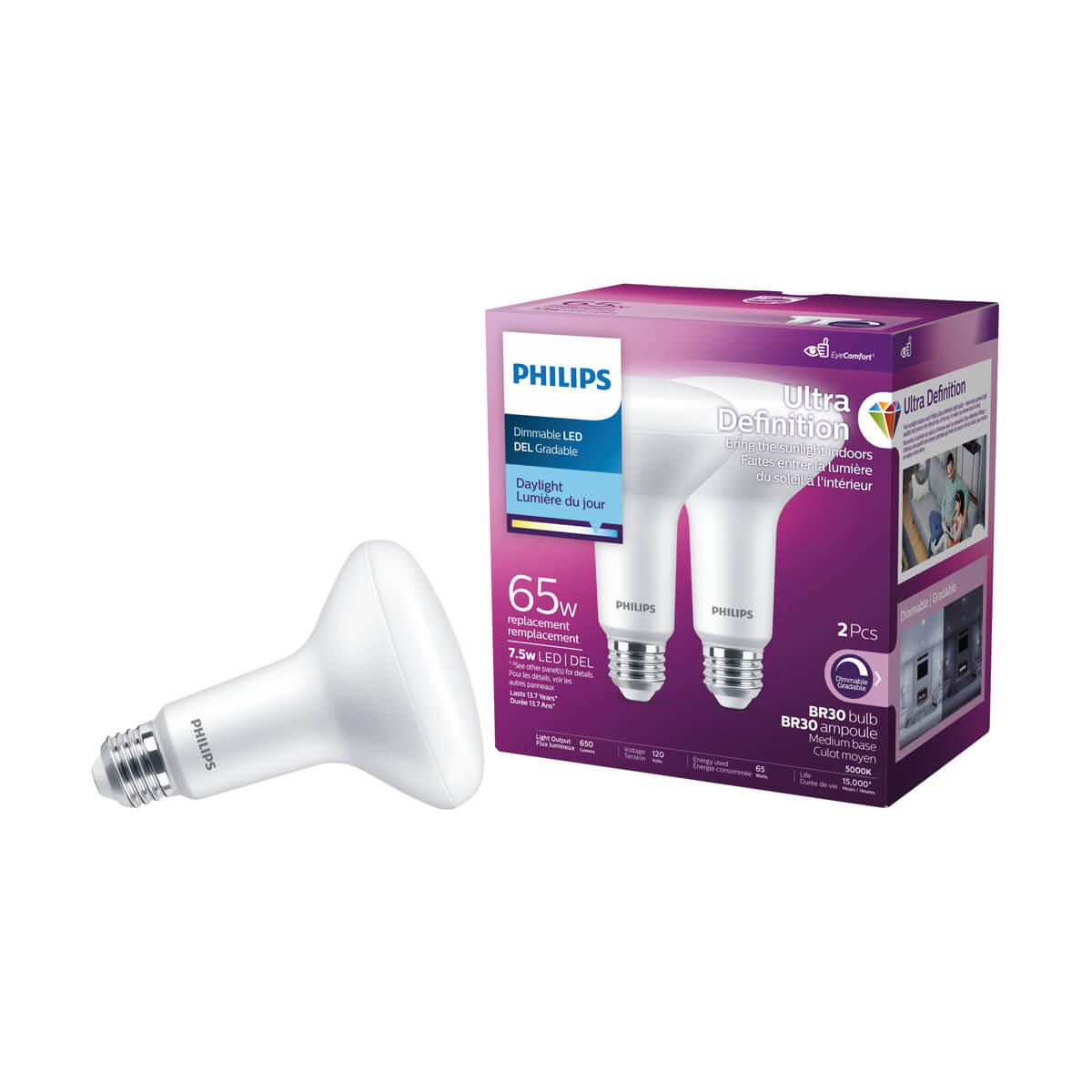 Philips LED BR30 Light Bulb - 65W - Daylight - 2 Pack