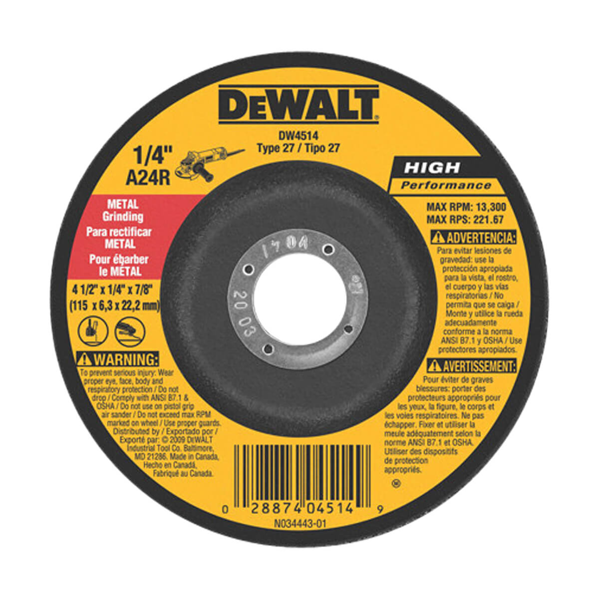 DEWALT GENERAL PURPOSE METAL GRINDING WHEEL - 4-1/2-in X 1/4-in X 7/8-in