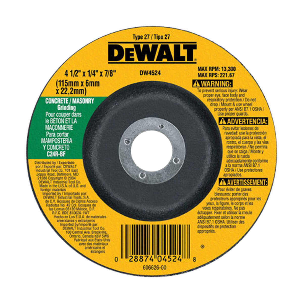 DEWALT CONCRETE/MASONRY GRINDING WHEEL - 4-1/2-in X 1/4-in X 7/8-in