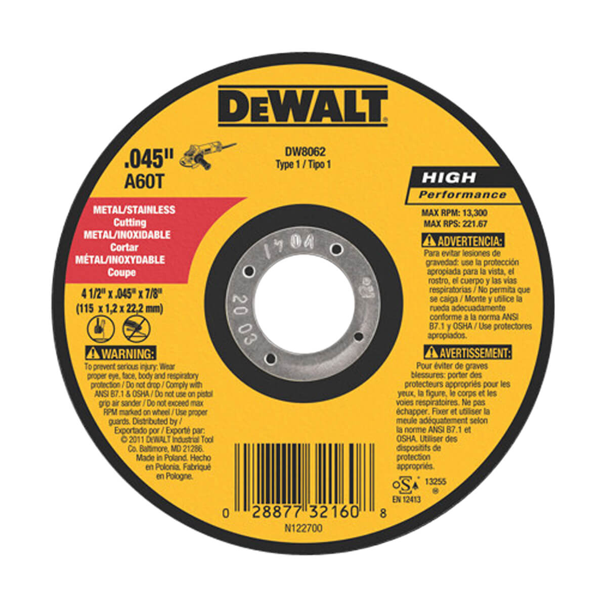 DEWALT 4.5-in x .045-in x 7/8-in Metal Cutting Wheel