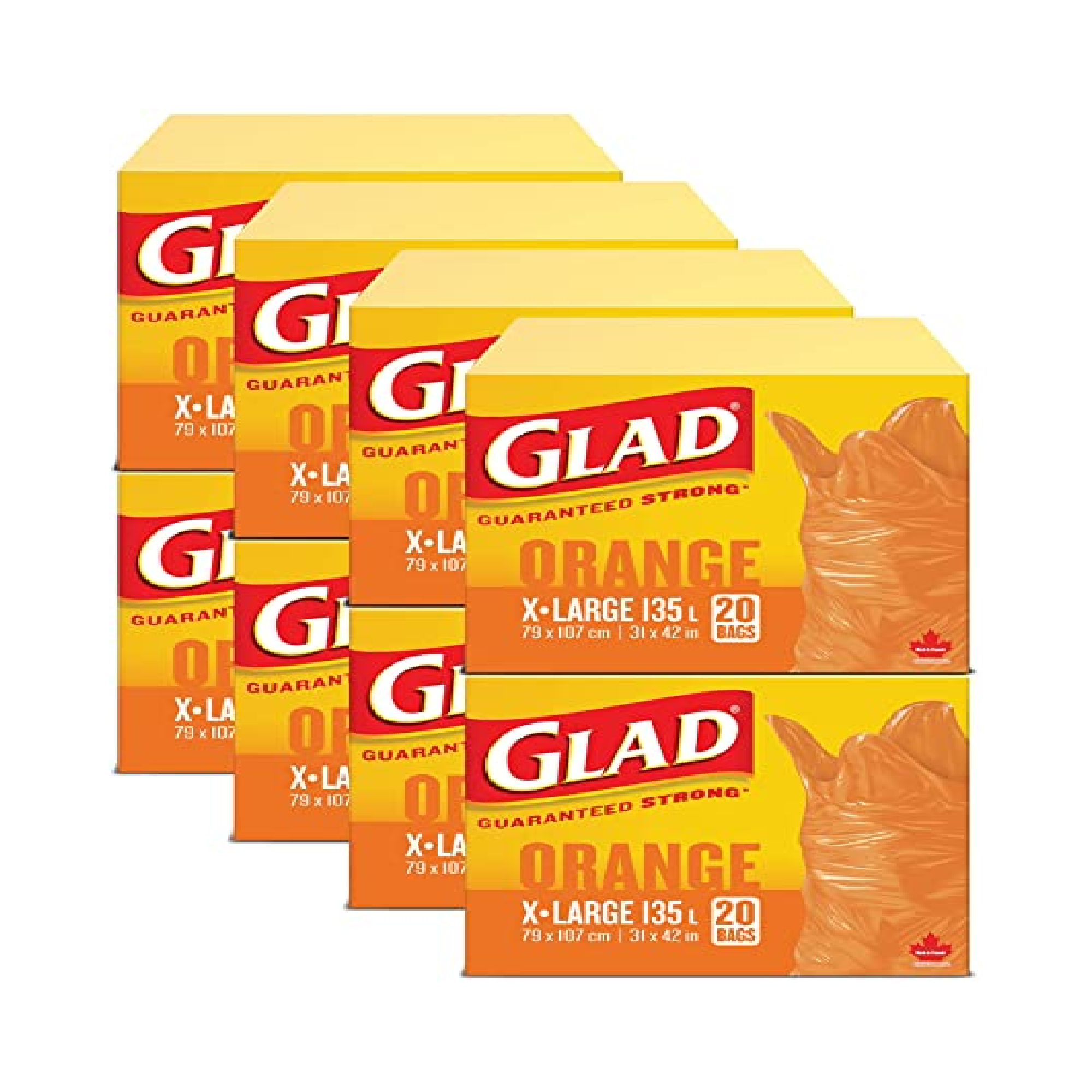 Glad Orange Bags, Easy-Tie, Extra Large, 20 Bags, Pack of 8