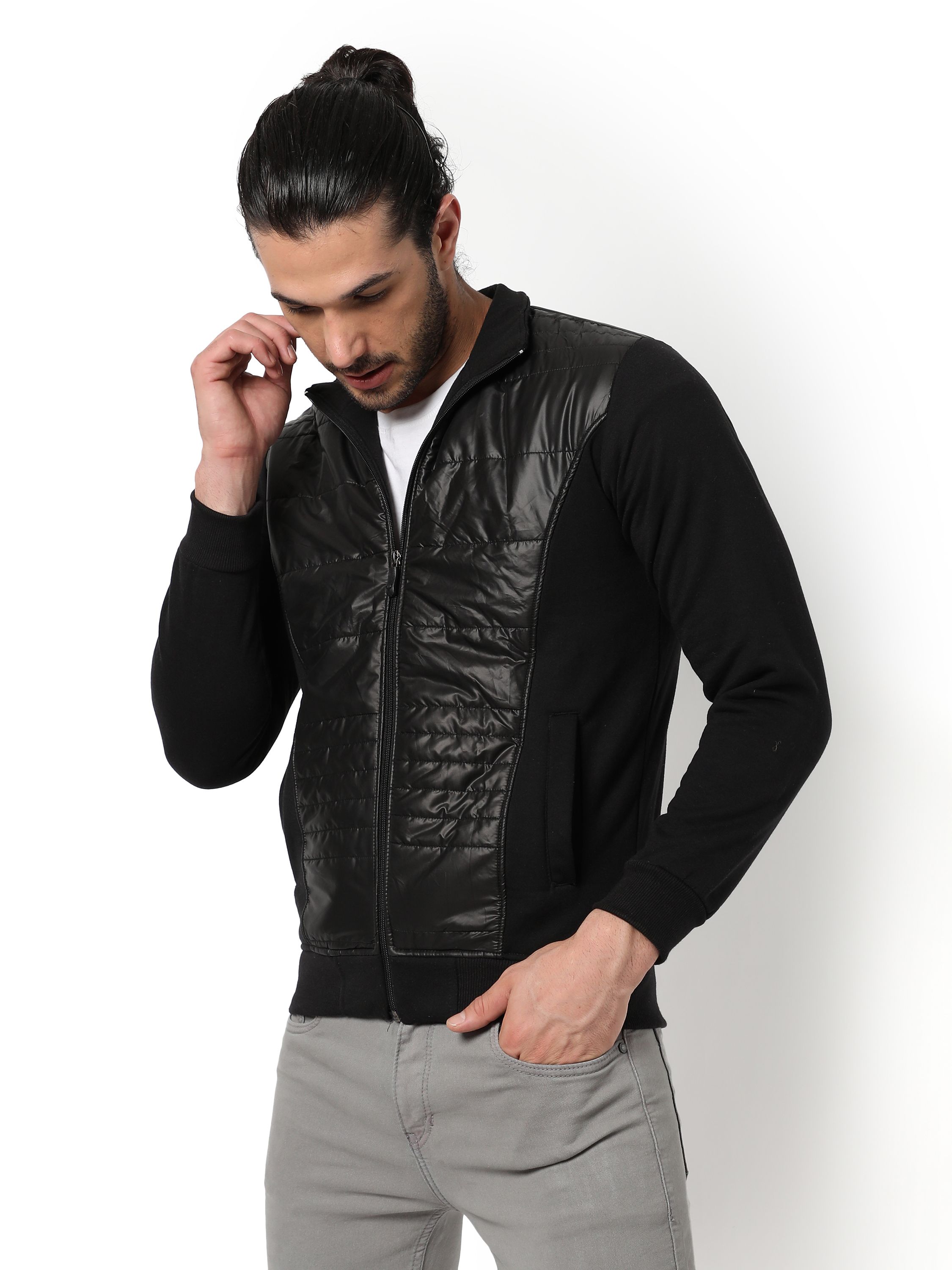 Men's Black Solid Vegan Leather Regular Fit Bomber Jacket