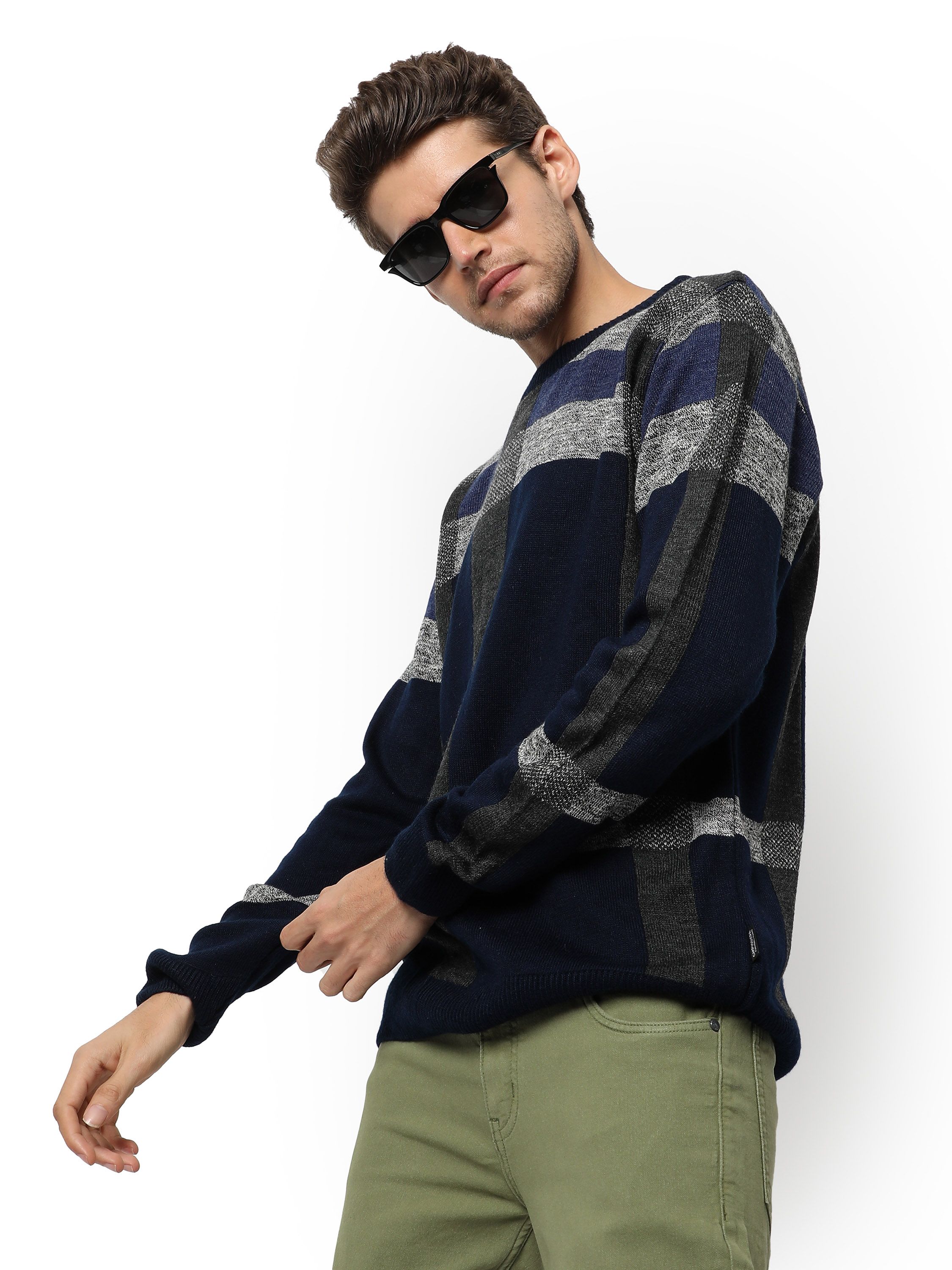 Men's Black & Grey Multicolour Checked Regular Fit Sweater