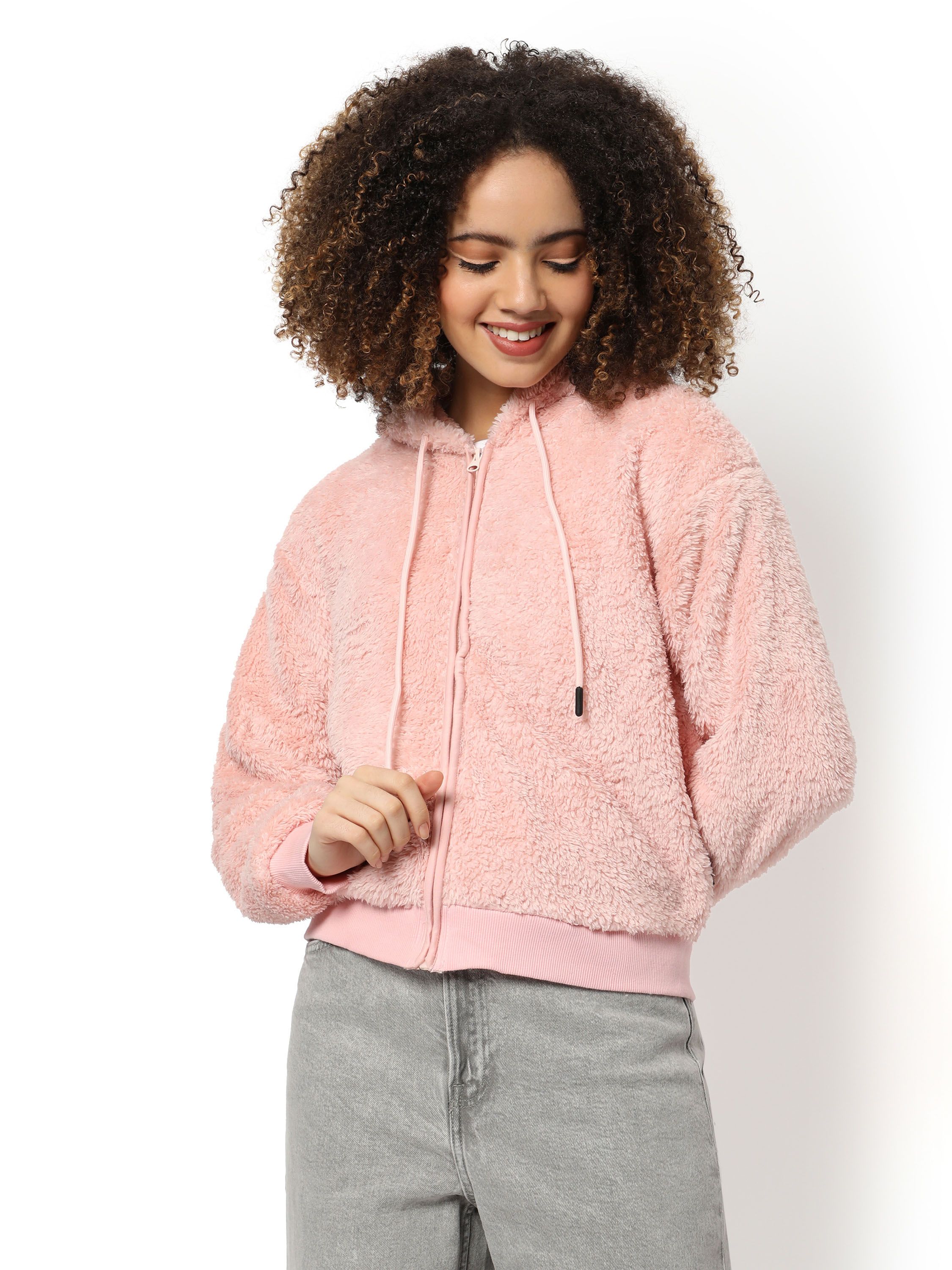 Pink Solid Fleece Regular Fit Zipper Sweatshirt With Hoodie