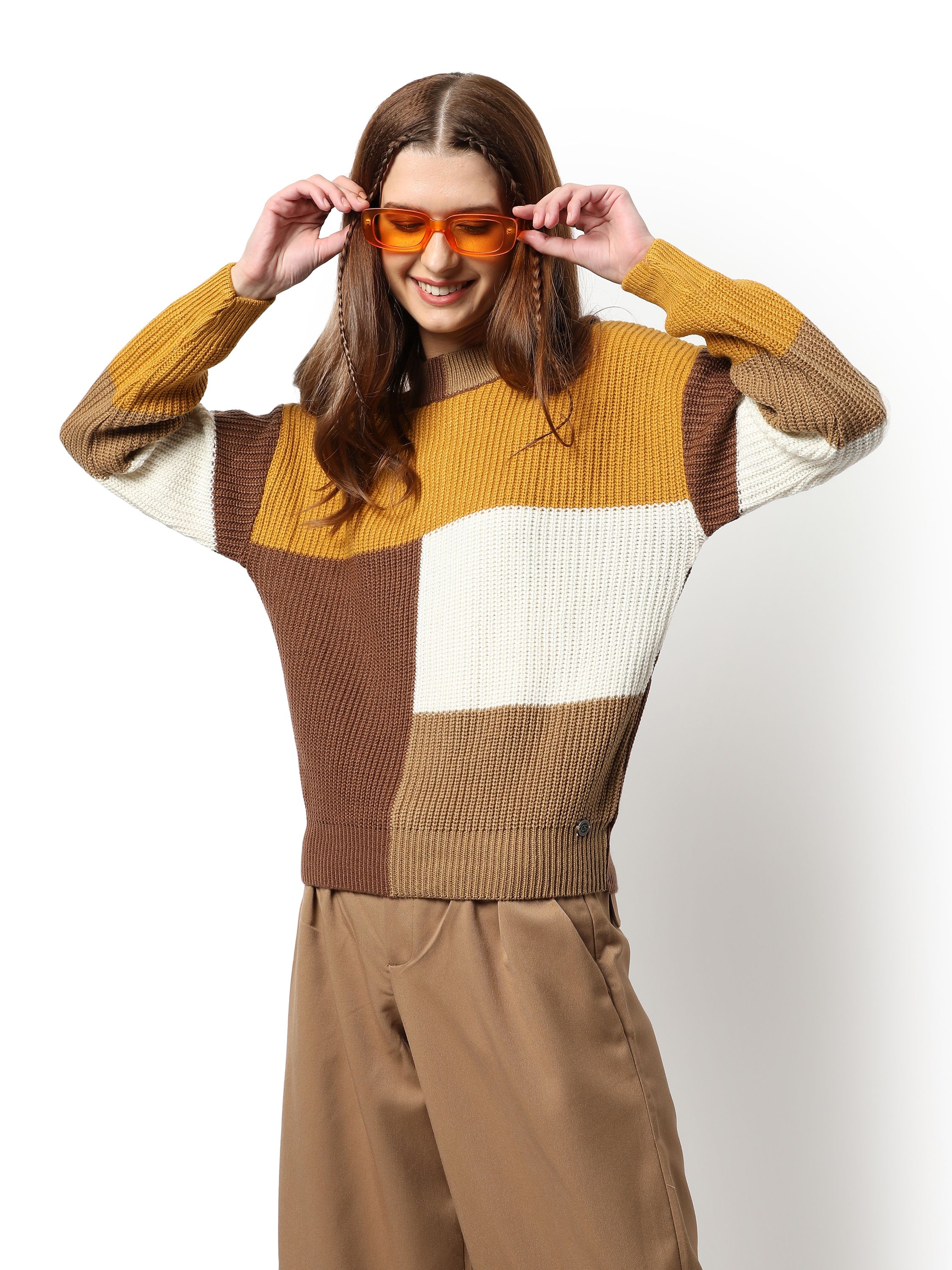 Yellow & Brown Colour-blocked Regular Fit Sweater