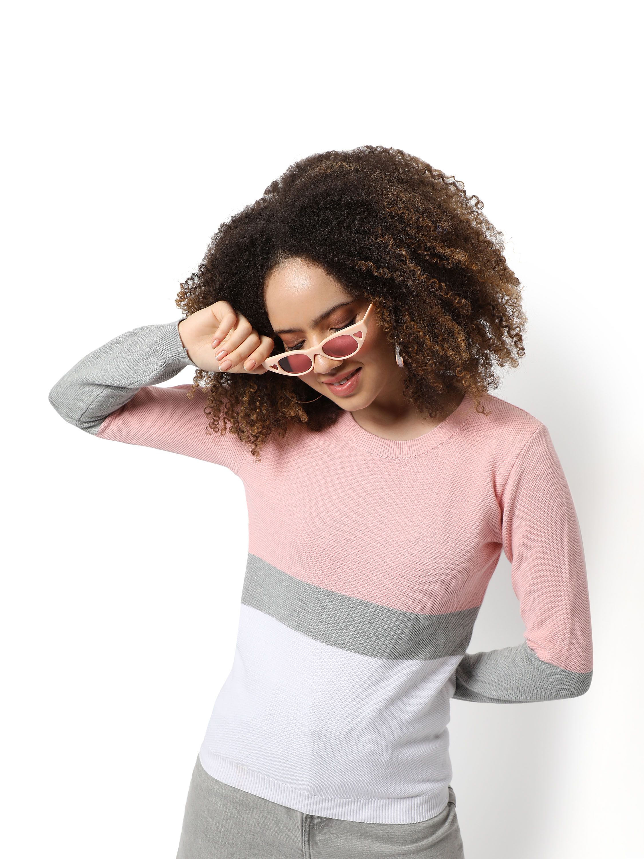 Pink Colour-blocked Regular Fit Sweater For Winter Wear
