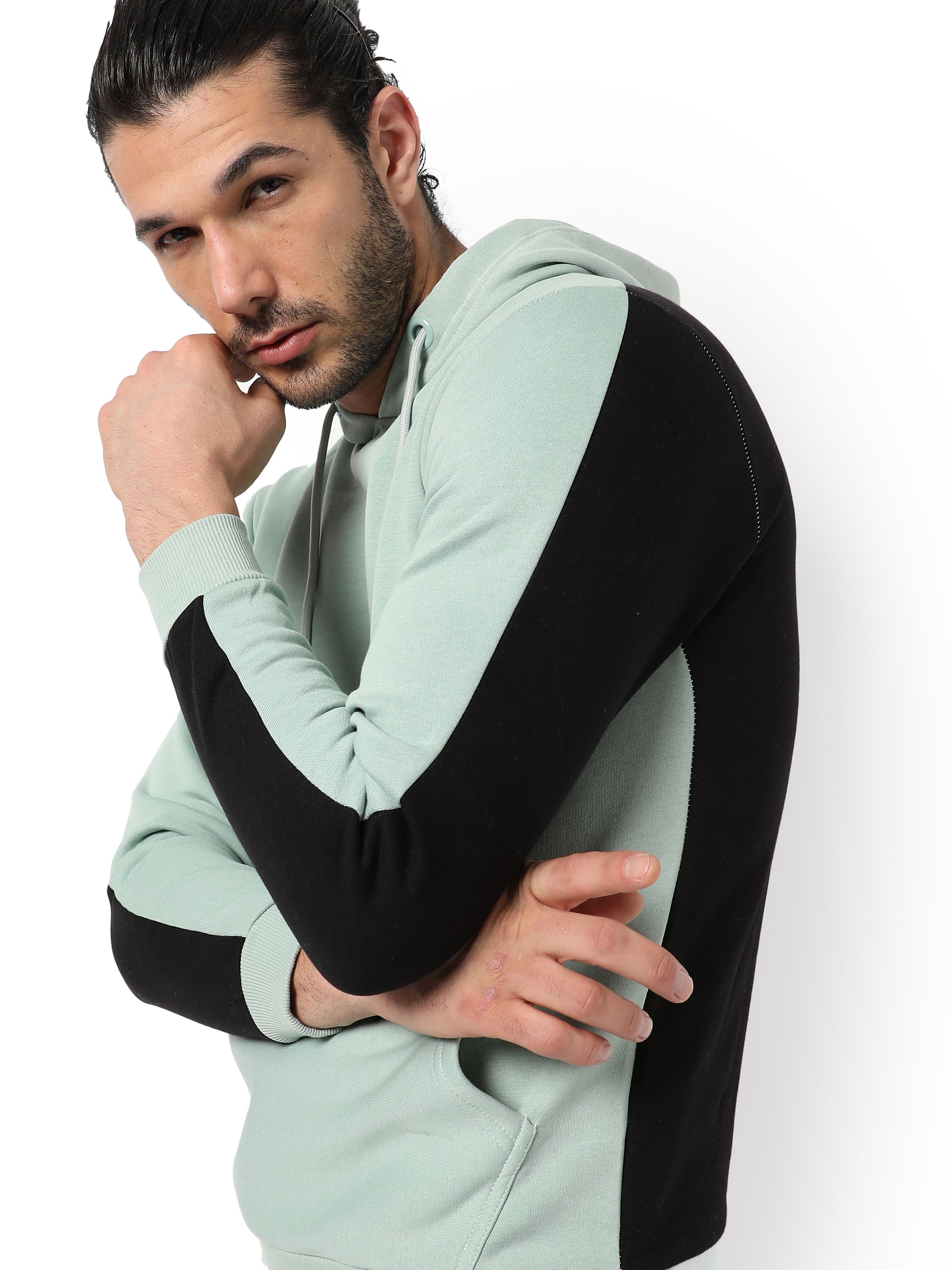 Men's Sage Green Solid Regular Fit Sweatshirt With Hoodie