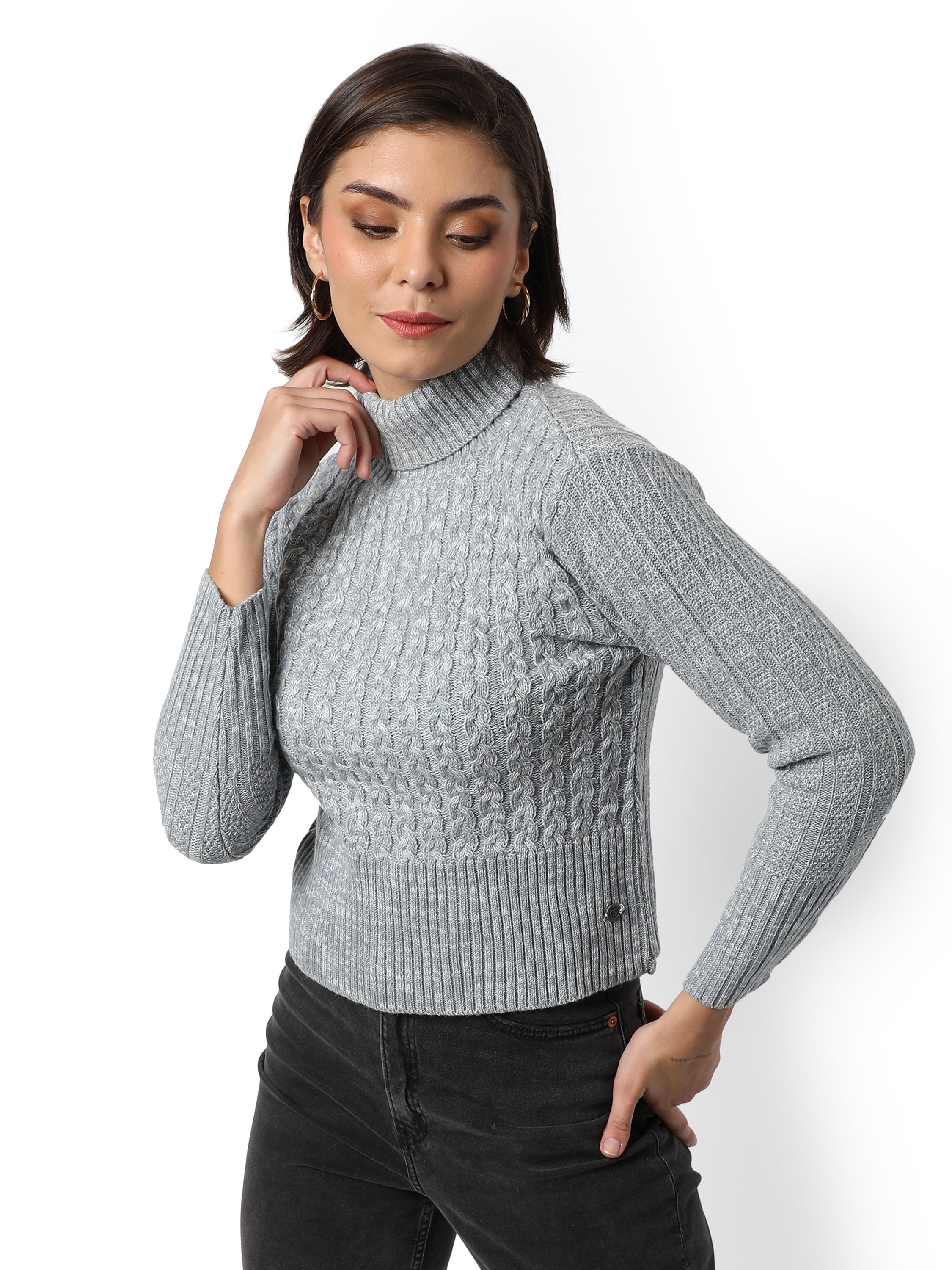 Women's Grey Cable Knit Regular Fit Sweater For Winter Wear