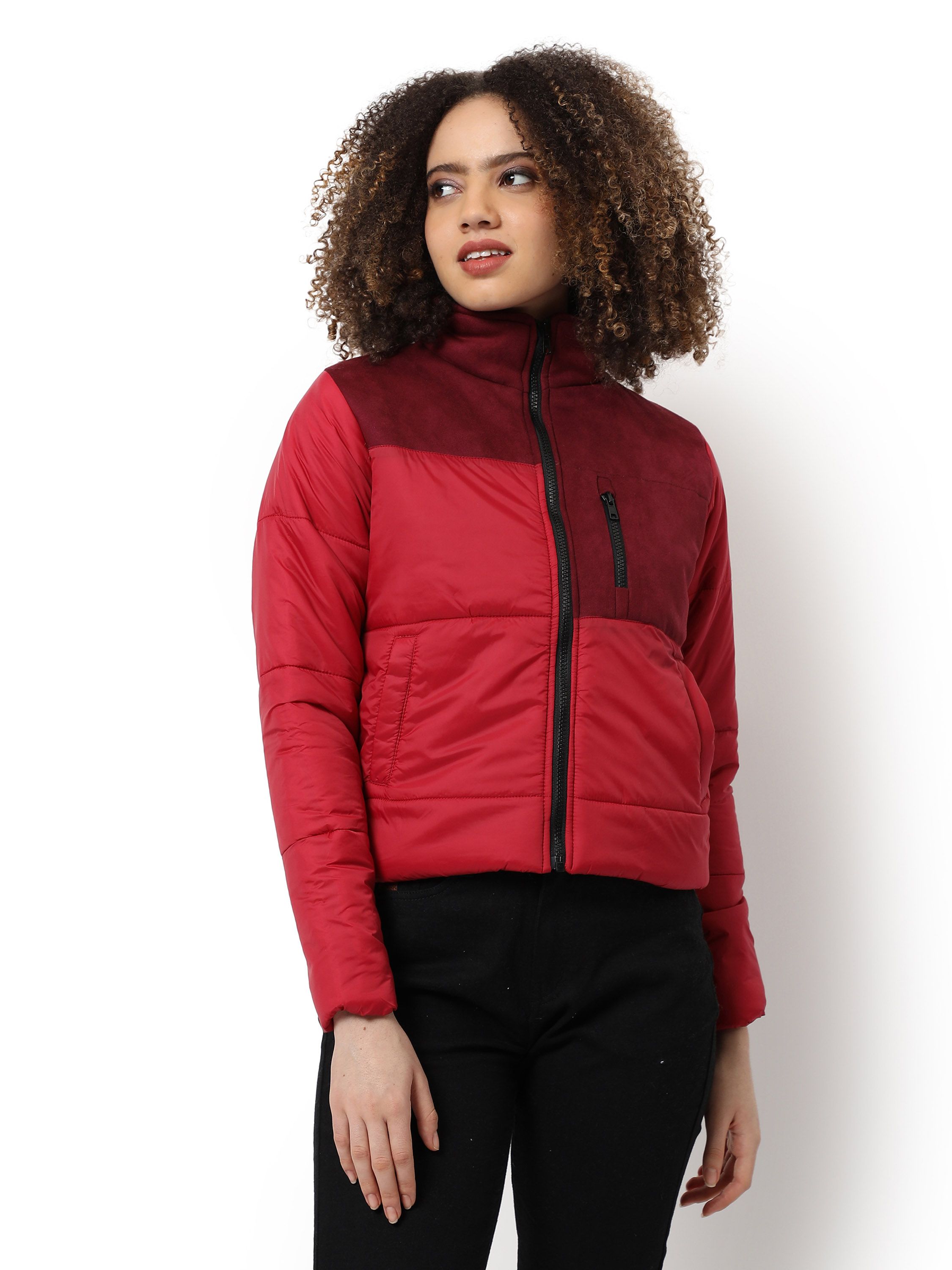 Red & Maroon Puffer Regular Fit Bomber Jacket