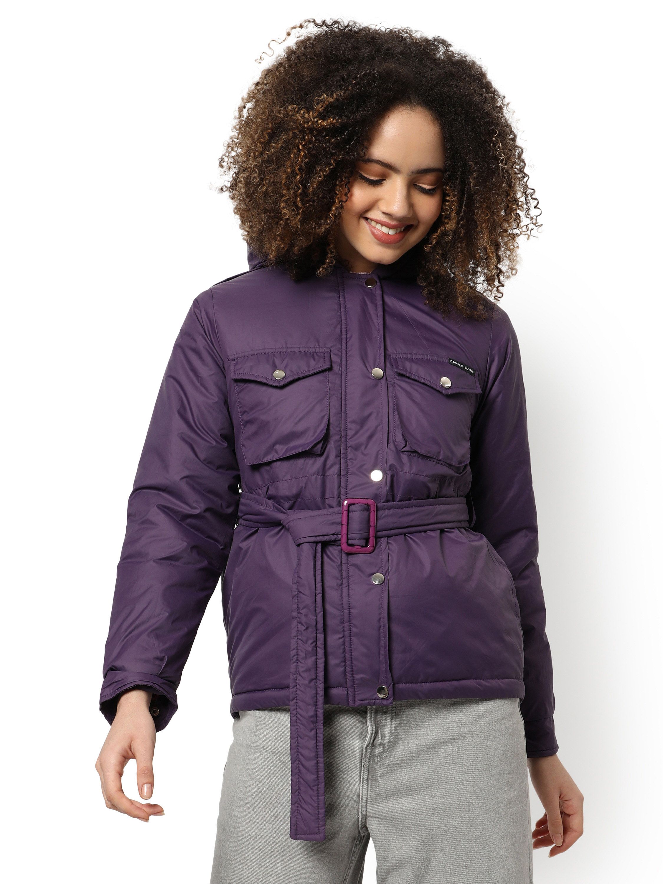 Purple Puffer Regular Fit Bomber Jacket For Winter Wear