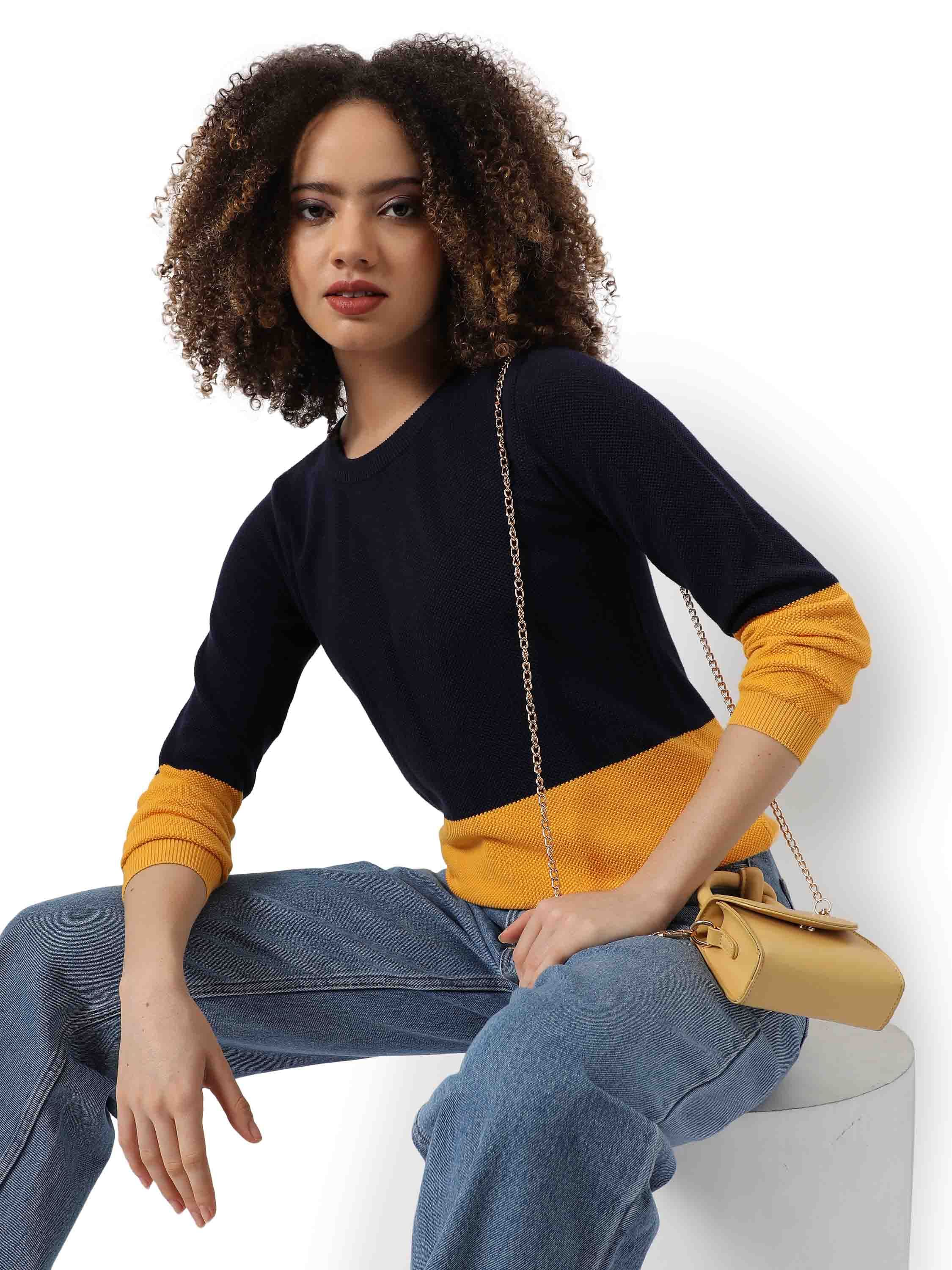 Black & Yellow Colour-blocked Regular Fit Sweater