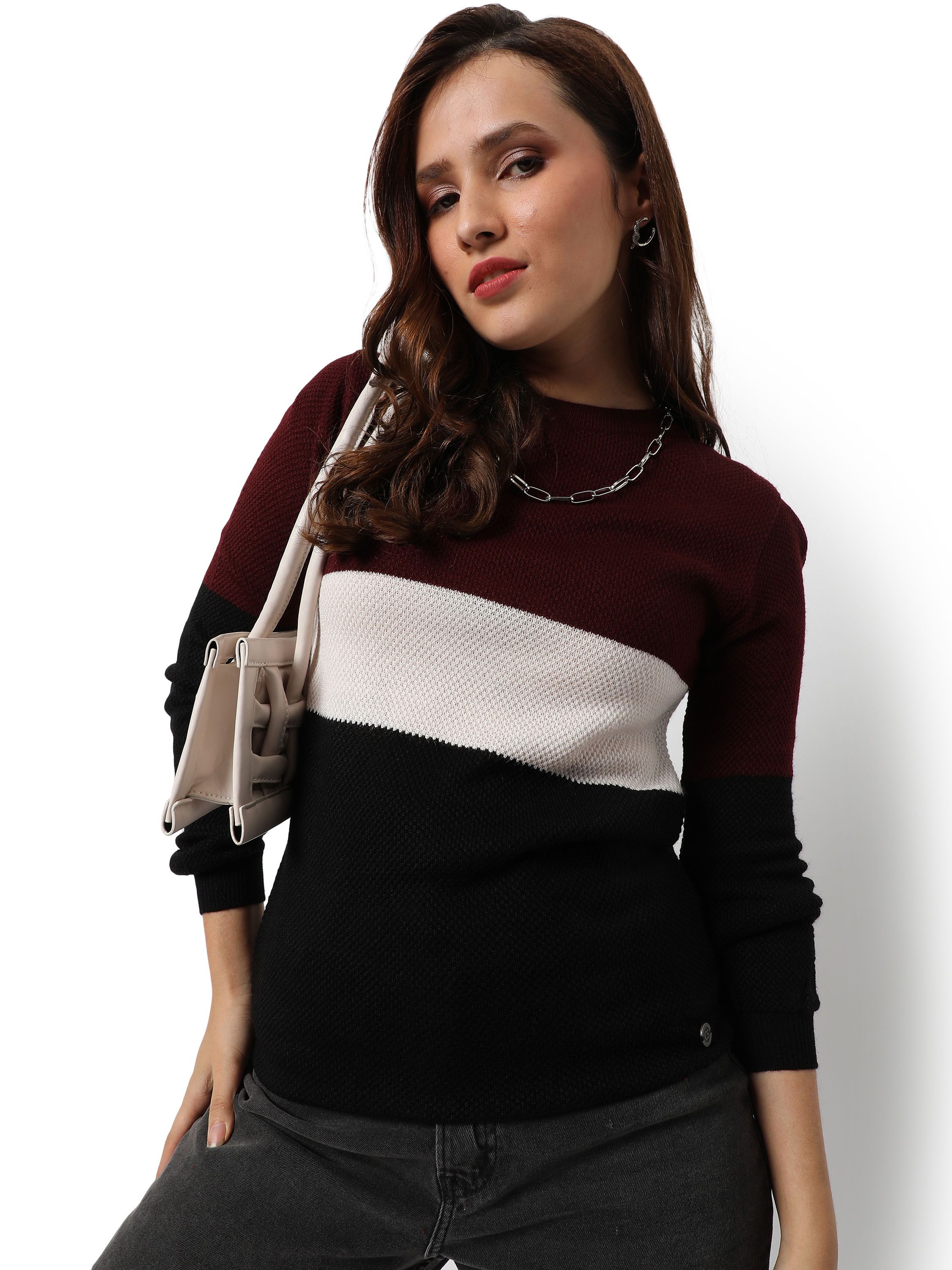 Maroon Colour-blocked Regular Fit Sweater For Winter Wear