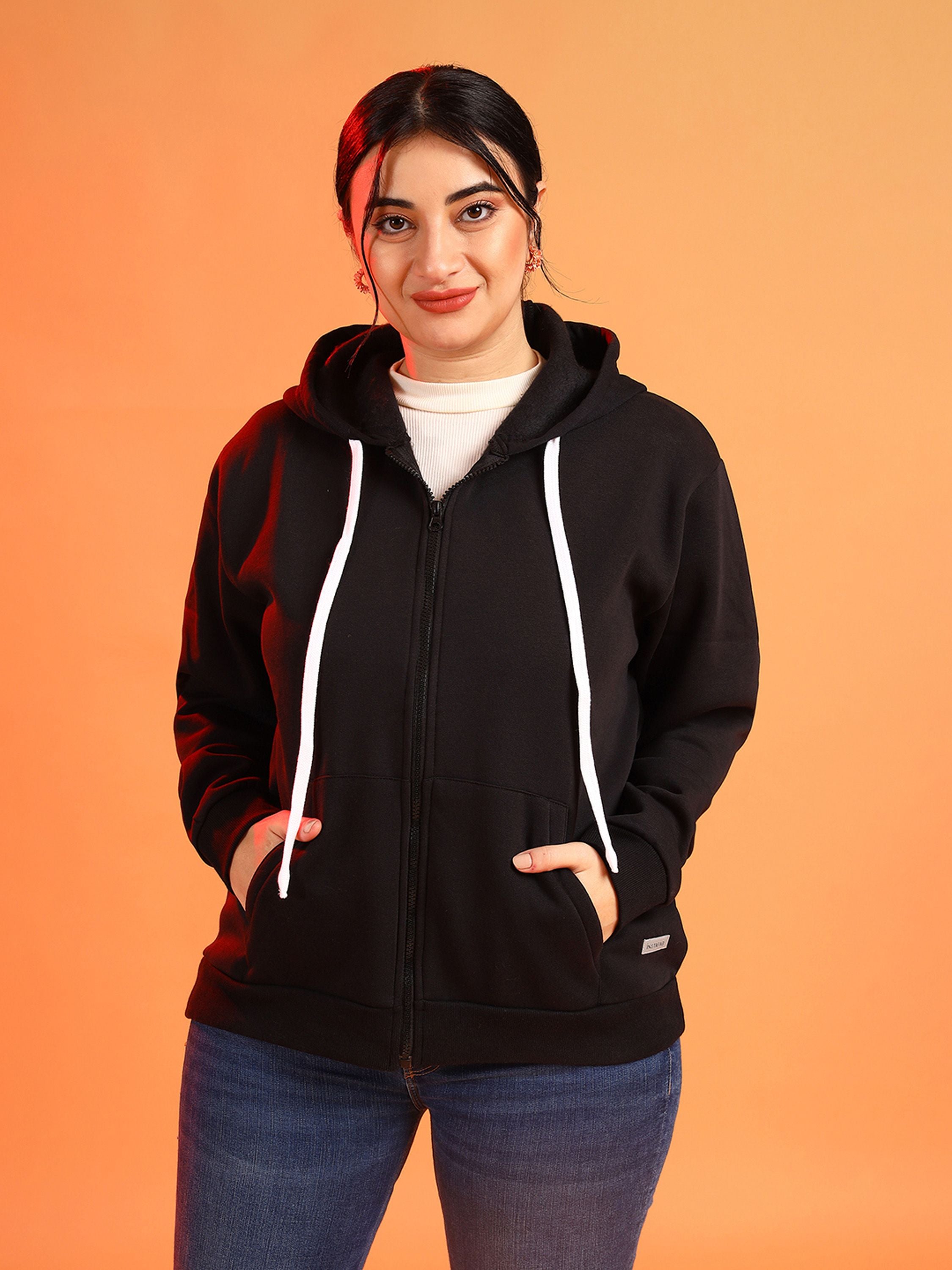 Plus Size Women Solid Stylish Casual Hooded Sweatshirt Black