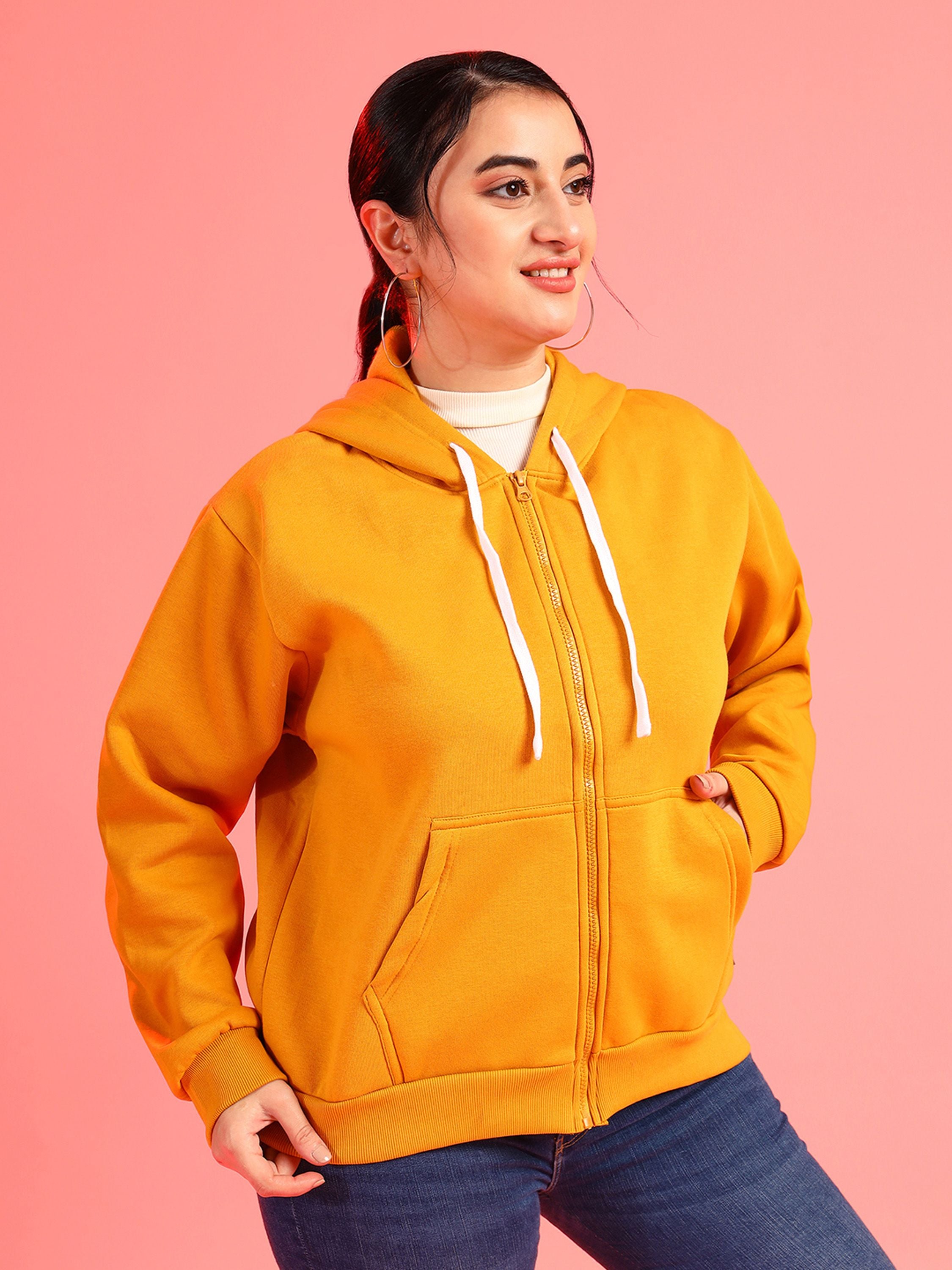 Plus Size Women Solid Casual Hooded Sweatshirt Yellow