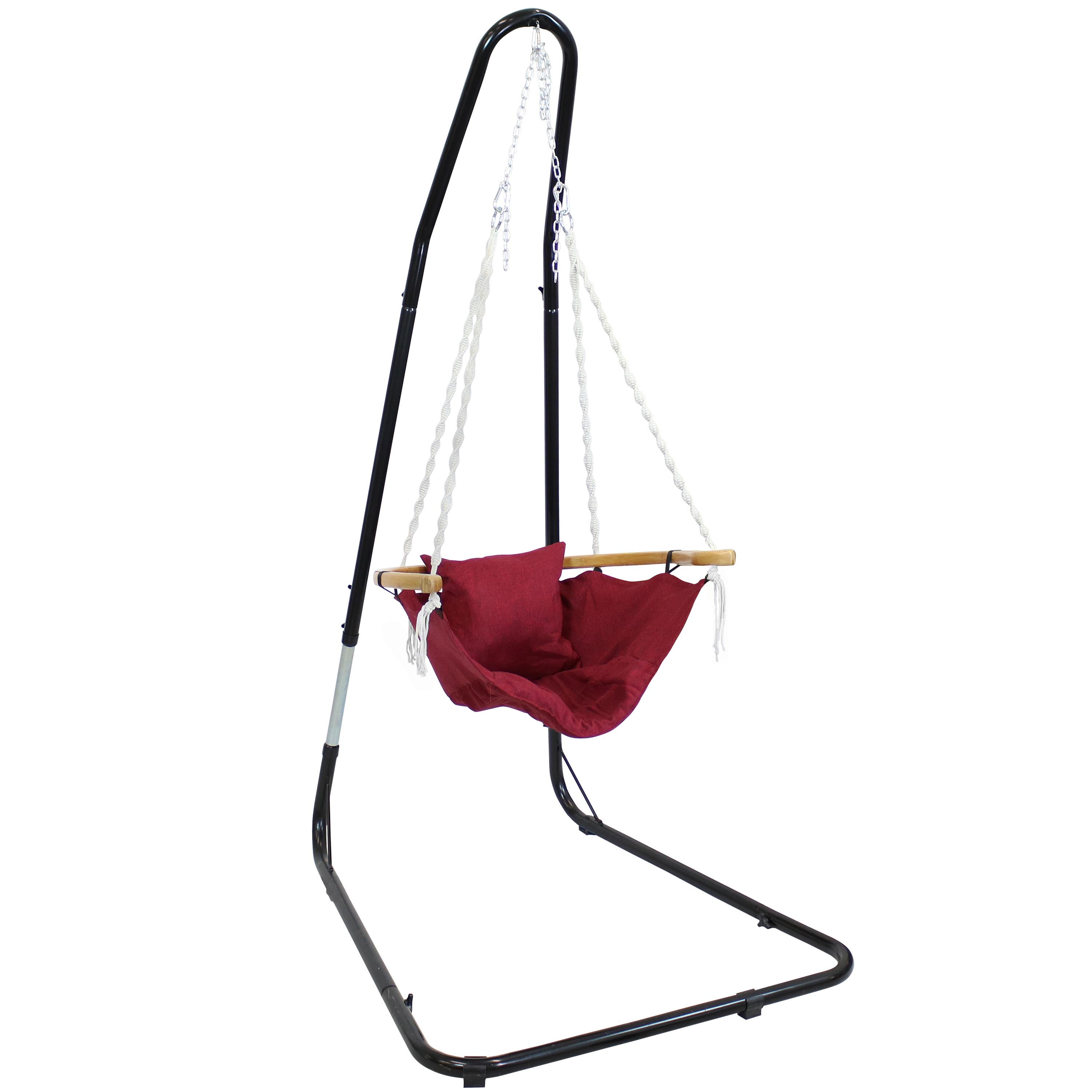 Fabric Hammock Chair with Wood Armrest and Steel Stand - Red