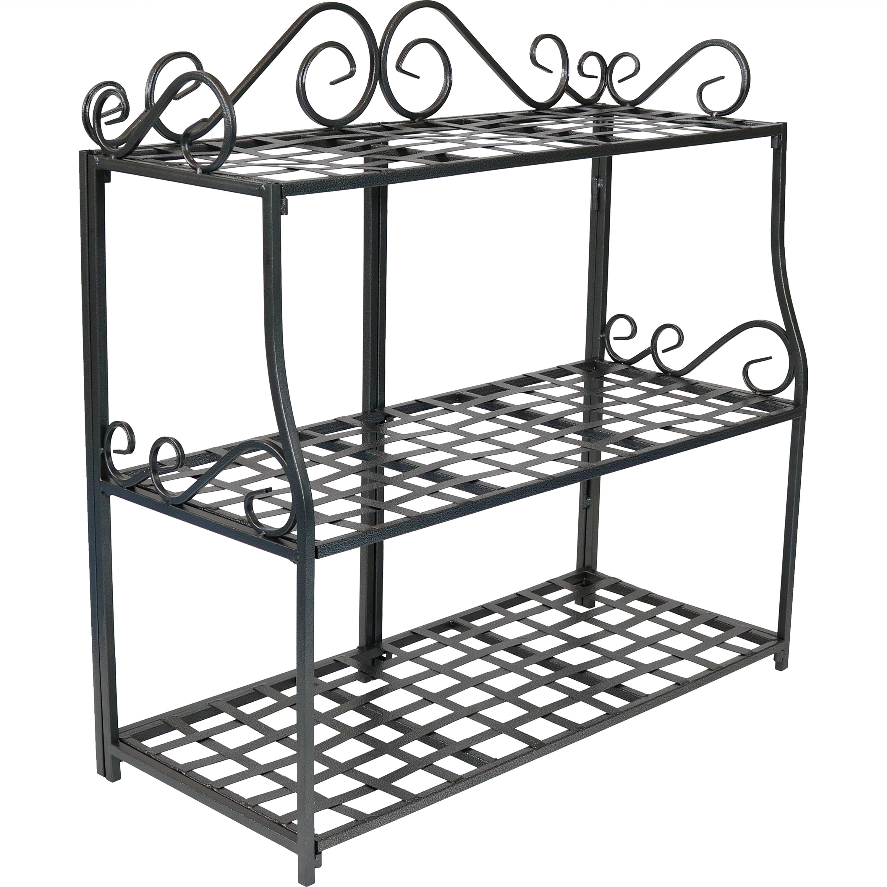 30 in Black Iron 3-Tier Plant Stand Shelf with Scroll Edging